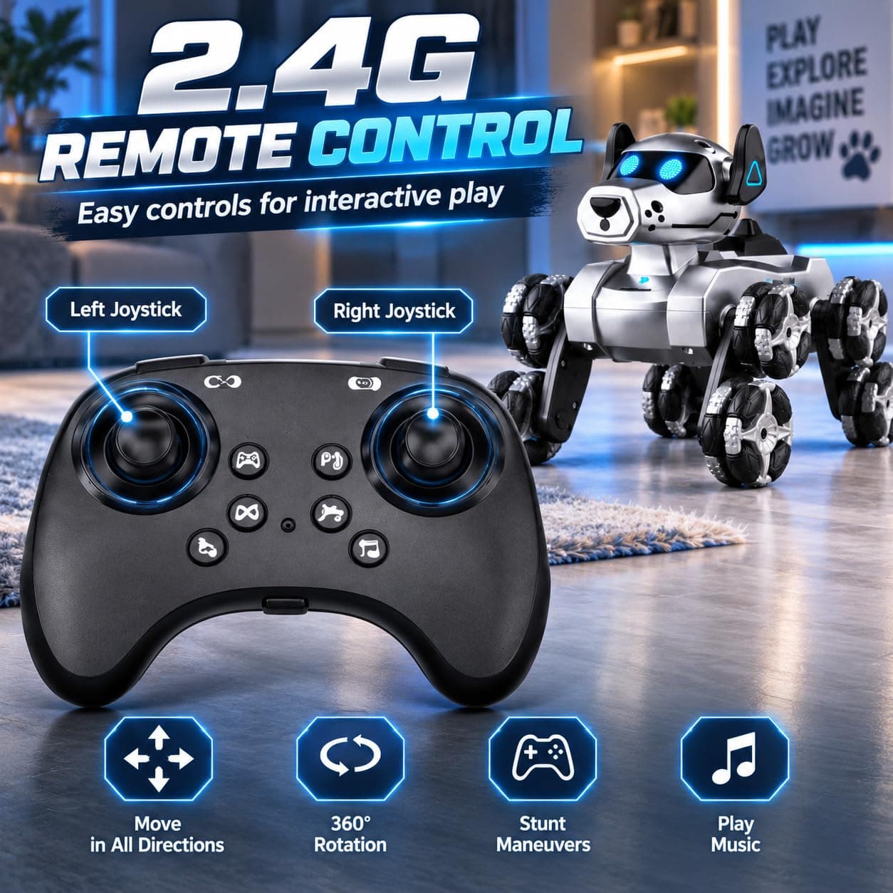 RC Robot Dog Car Toy for Kids, Remote Control Stunt Car with 360° Rotating Wheels, Walking Robot Puppy Vehicle with LED Lights, Interactive Racing Toy Gift for Boys & Girls Ages 3+ — view 5