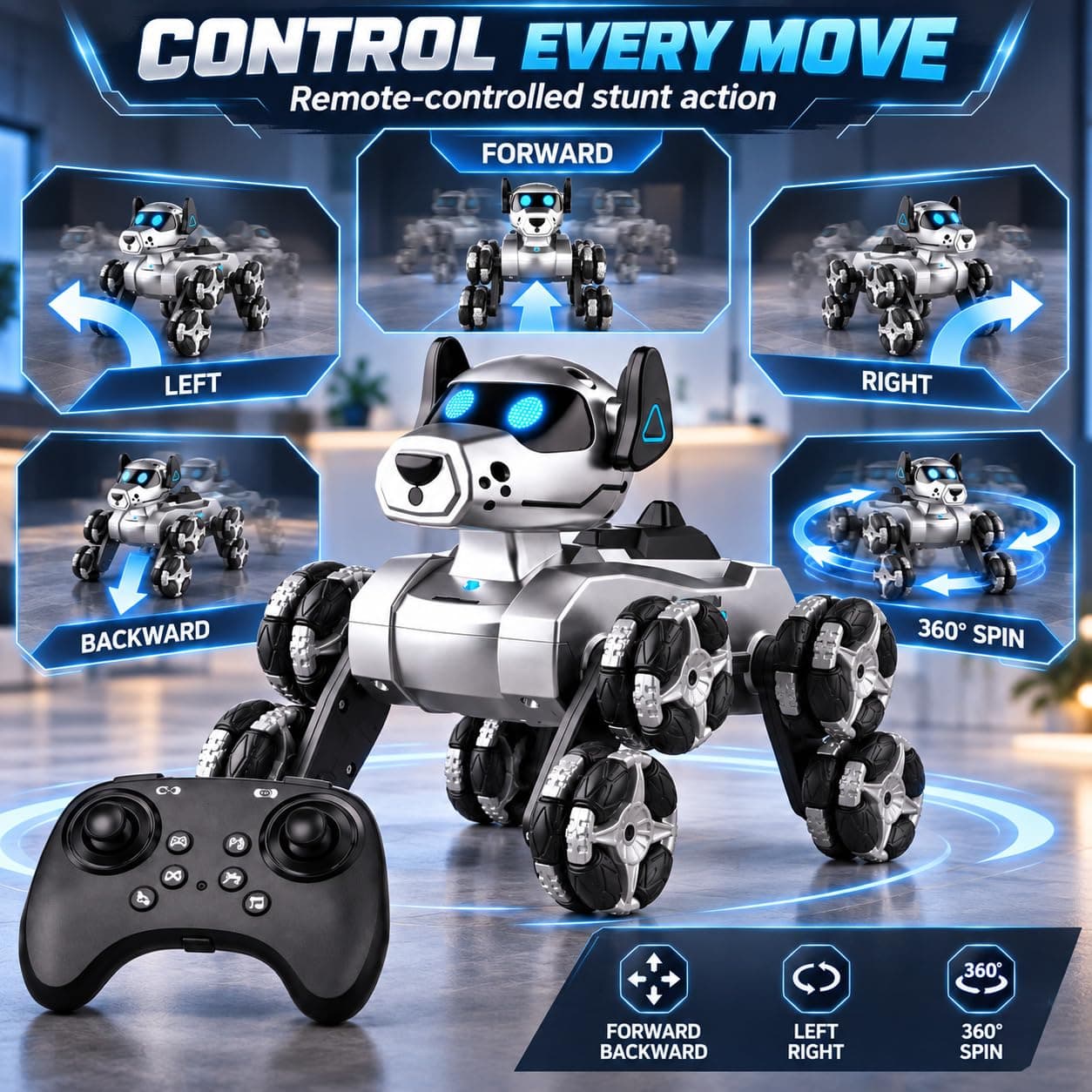 RC Robot Dog Car Toy for Kids, Remote Control Stunt Car with 360° Rotating Wheels, Walking Robot Puppy Vehicle with LED Lights, Interactive Racing Toy Gift for Boys & Girls Ages 3+ — view 6