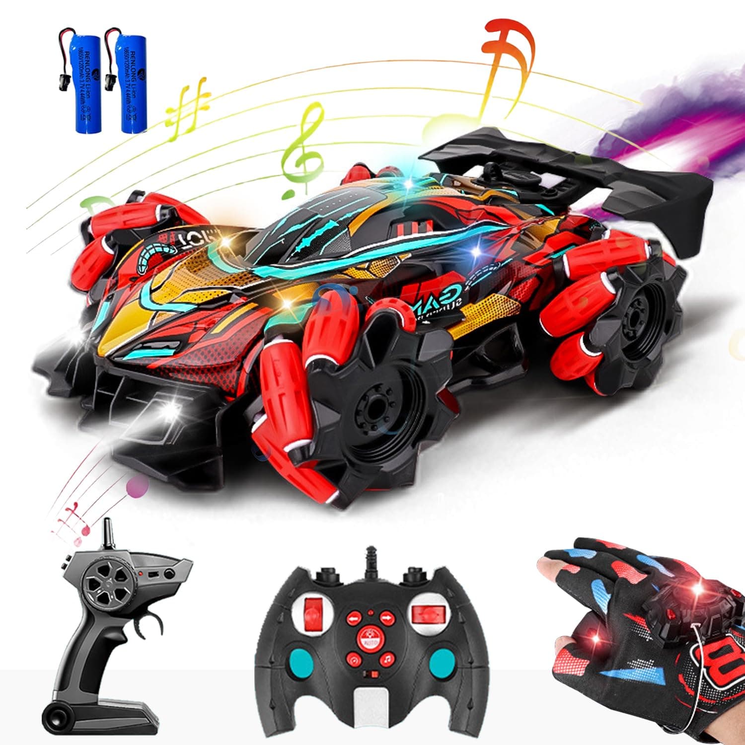 RC Stunt Car, Gesture Sensing RC Car for Boys Girls, 2.4GHz 4WD Remote Control Car with 360° Rotating, Lights, Music & Spray, 3 Control Mode Toy Cars for Kids Birthday Gifts, 2 Battery (Red)