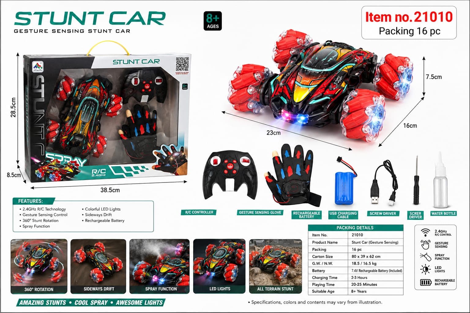 RC Stunt Car, Gesture Sensing RC Car for Boys Girls, 2.4GHz 4WD Remote Control Car with 360° Rotating, Lights, Music & Spray, 3 Control Mode Toy Cars for Kids Birthday Gifts, 2 Battery (Red) — view 3