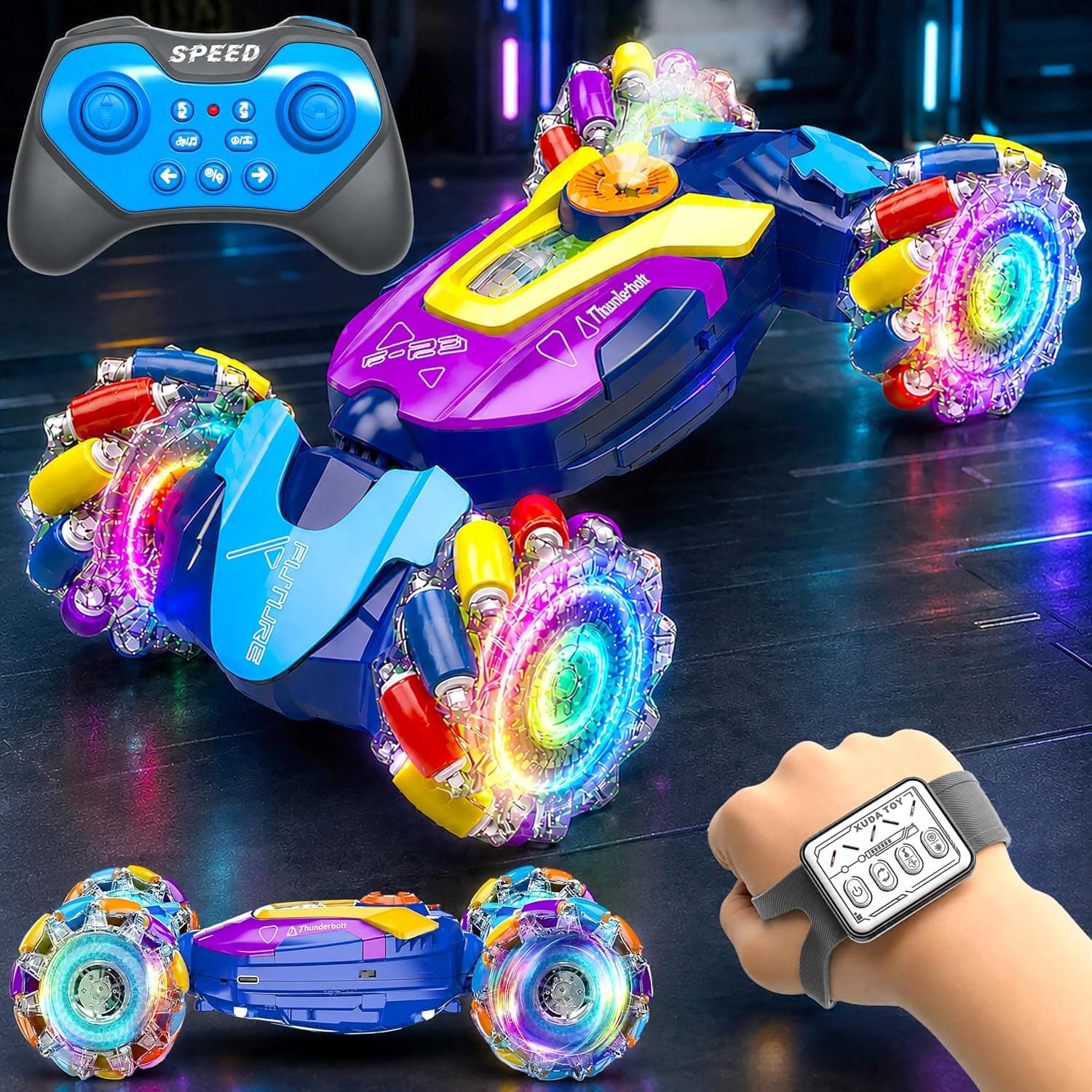 4WD Dual Control Torsion Stunt Drift Mist Car Toy for Kids with Lights and Music - 360° Rotating Double Sided RC Smoke Car with 2.4GHz Remote Control and Gesture Wrist Controller - Multicolor