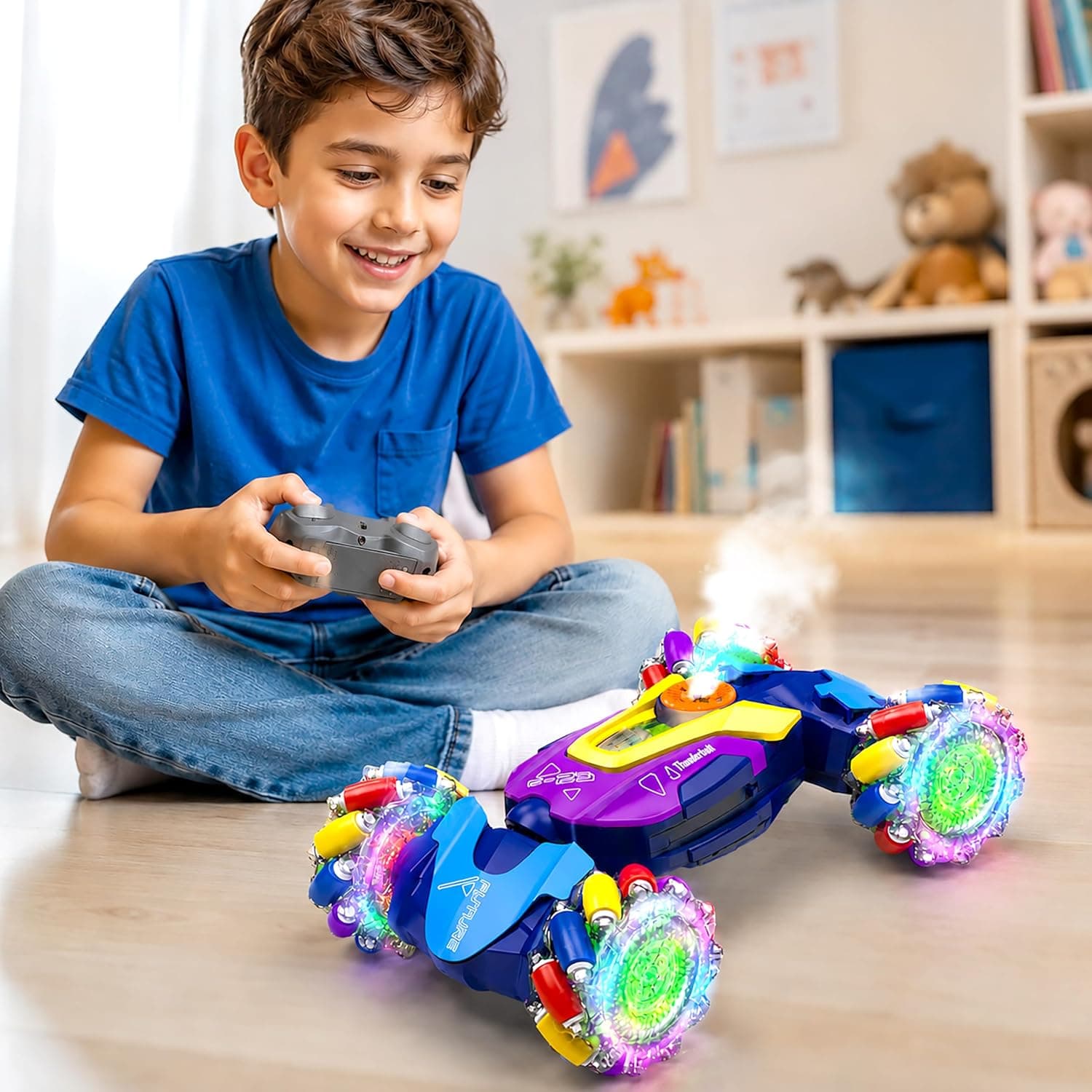 4WD Dual Control Torsion Stunt Drift Mist Car Toy for Kids with Lights and Music - 360° Rotating Double Sided RC Smoke Car with 2.4GHz Remote Control and Gesture Wrist Controller - Multicolor — view 2