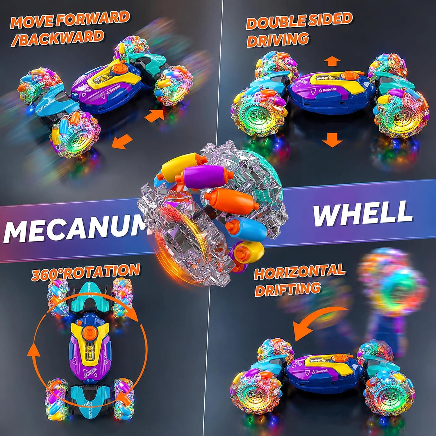 4WD Dual Control Torsion Stunt Drift Mist Car Toy for Kids with Lights and Music - 360° Rotating Double Sided RC Smoke Car with 2.4GHz Remote Control and Gesture Wrist Controller - Multicolor — view 4