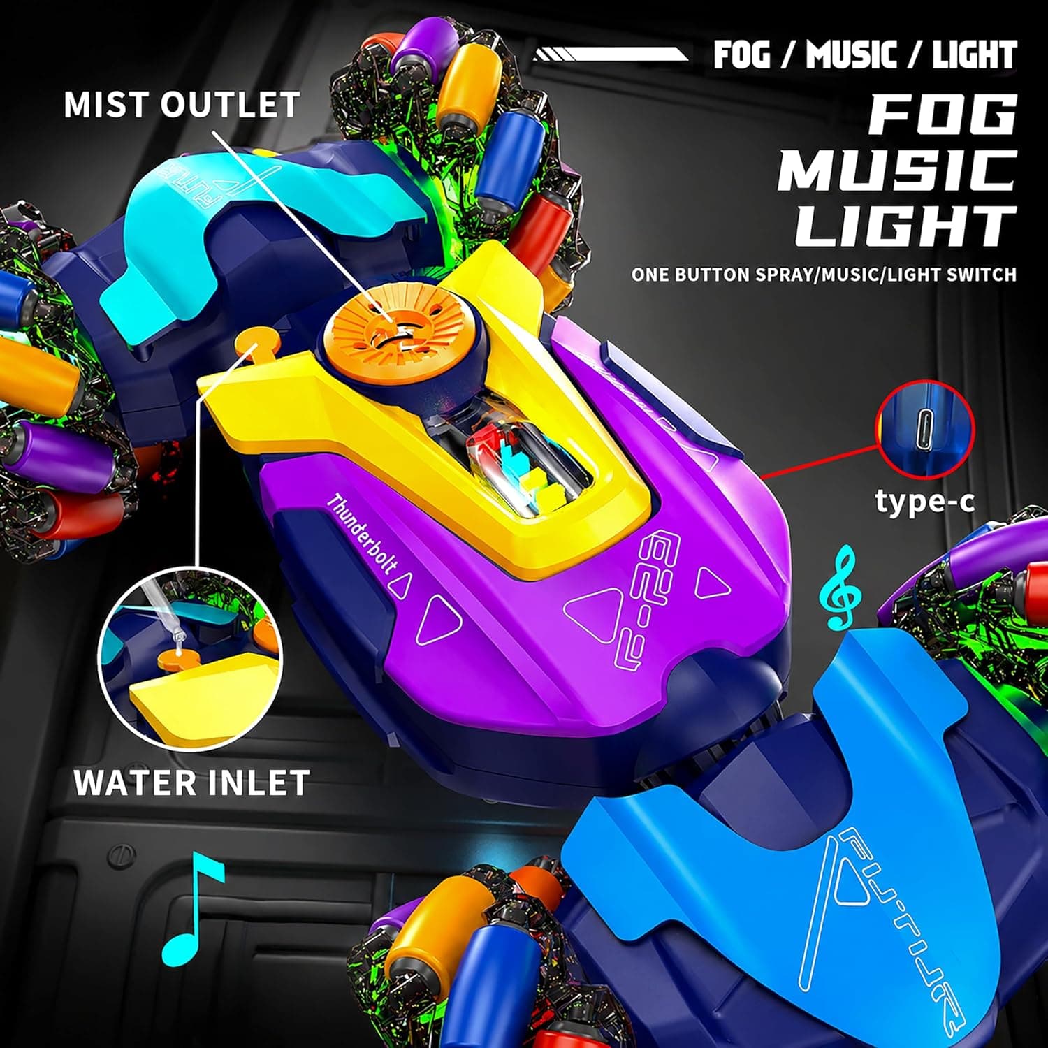 4WD Dual Control Torsion Stunt Drift Mist Car Toy for Kids with Lights and Music - 360° Rotating Double Sided RC Smoke Car with 2.4GHz Remote Control and Gesture Wrist Controller - Multicolor — view 5