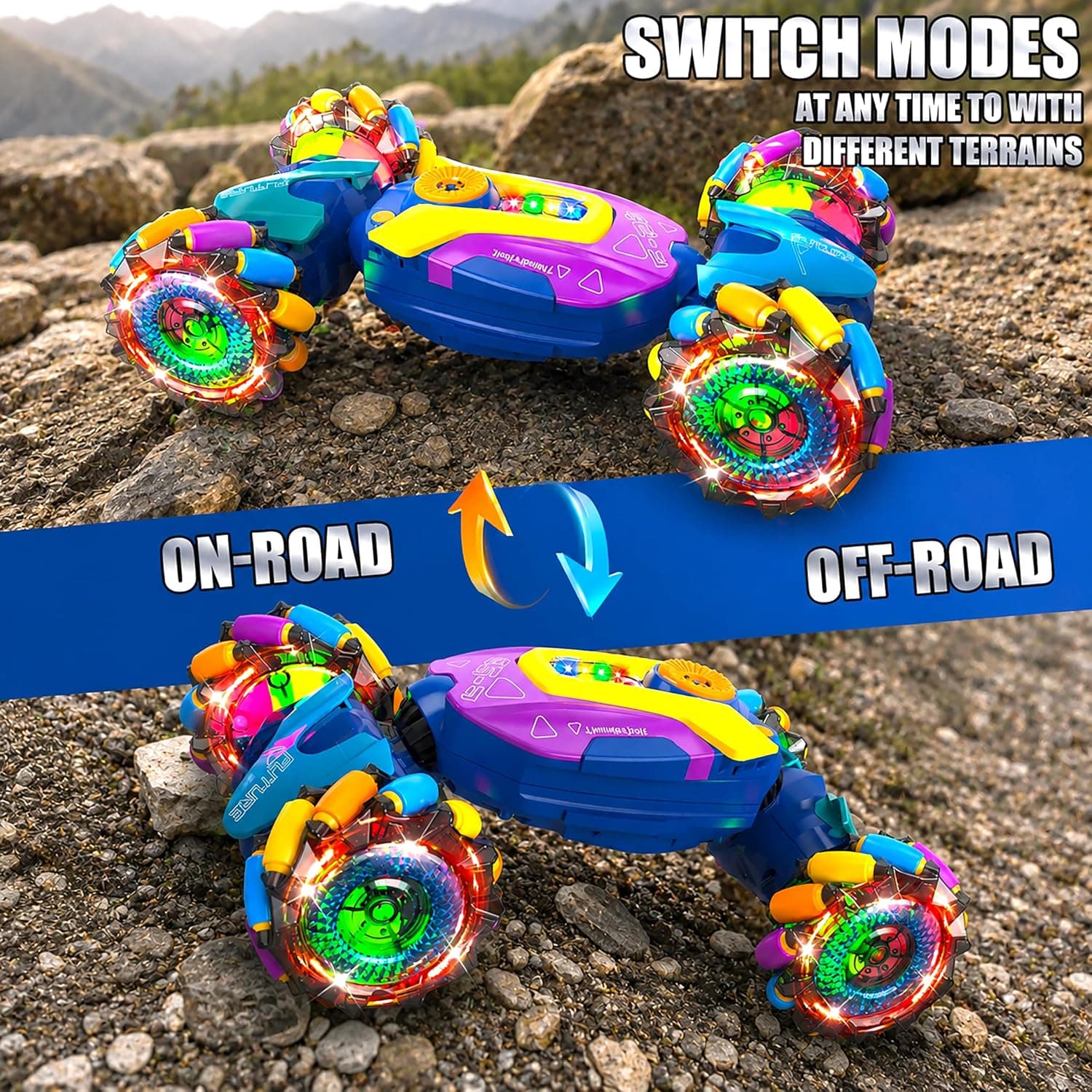 4WD Dual Control Torsion Stunt Drift Mist Car Toy for Kids with Lights and Music - 360° Rotating Double Sided RC Smoke Car with 2.4GHz Remote Control and Gesture Wrist Controller - Multicolor — view 6