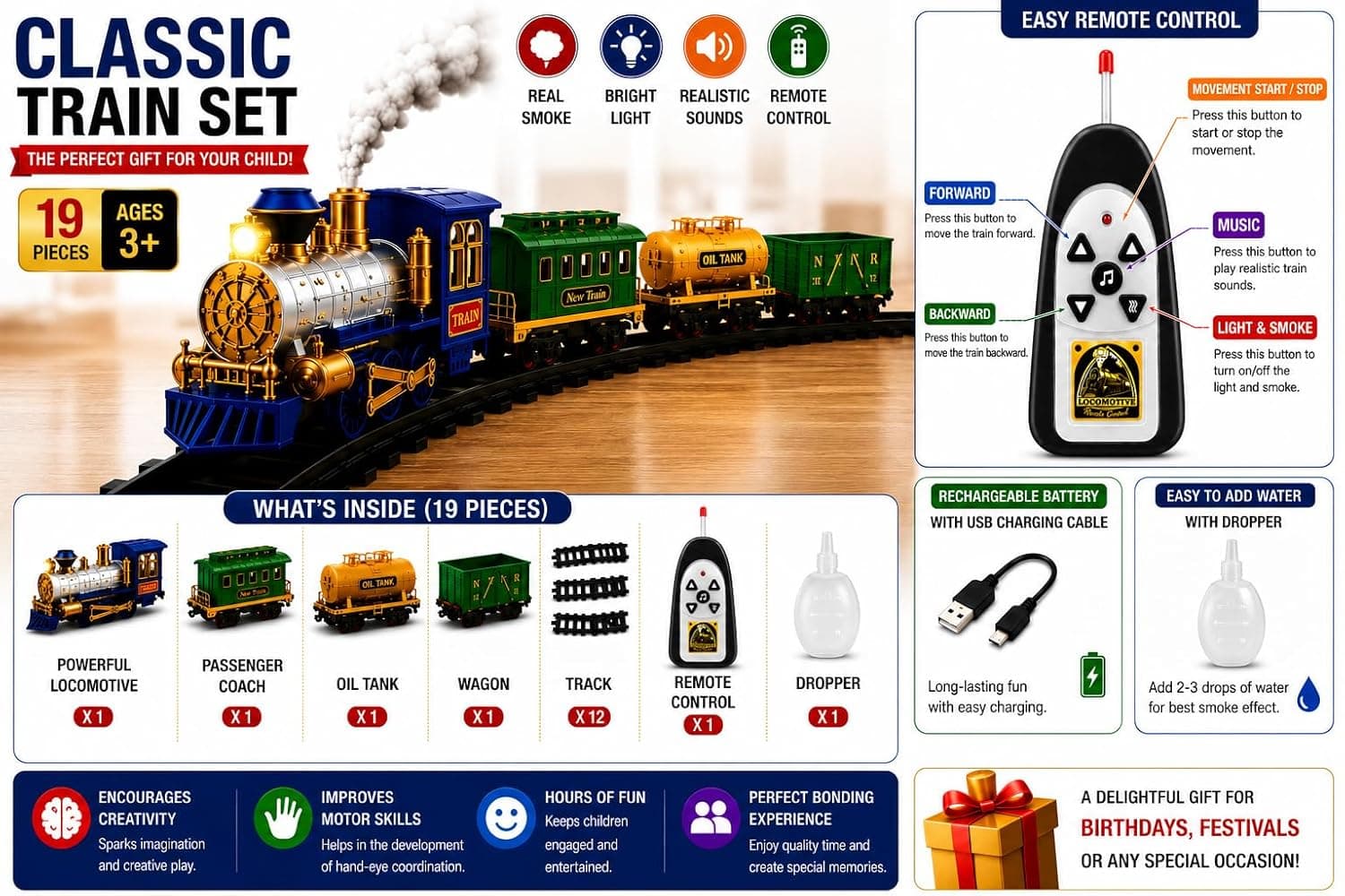 Remote Control Toy Train for Boys | Rechargeable 2.4GHz Railway Set with Smoke Effect, LED Lights, Music, Engine Coach, Cargo Tanker & Easy Build Track System — view 2