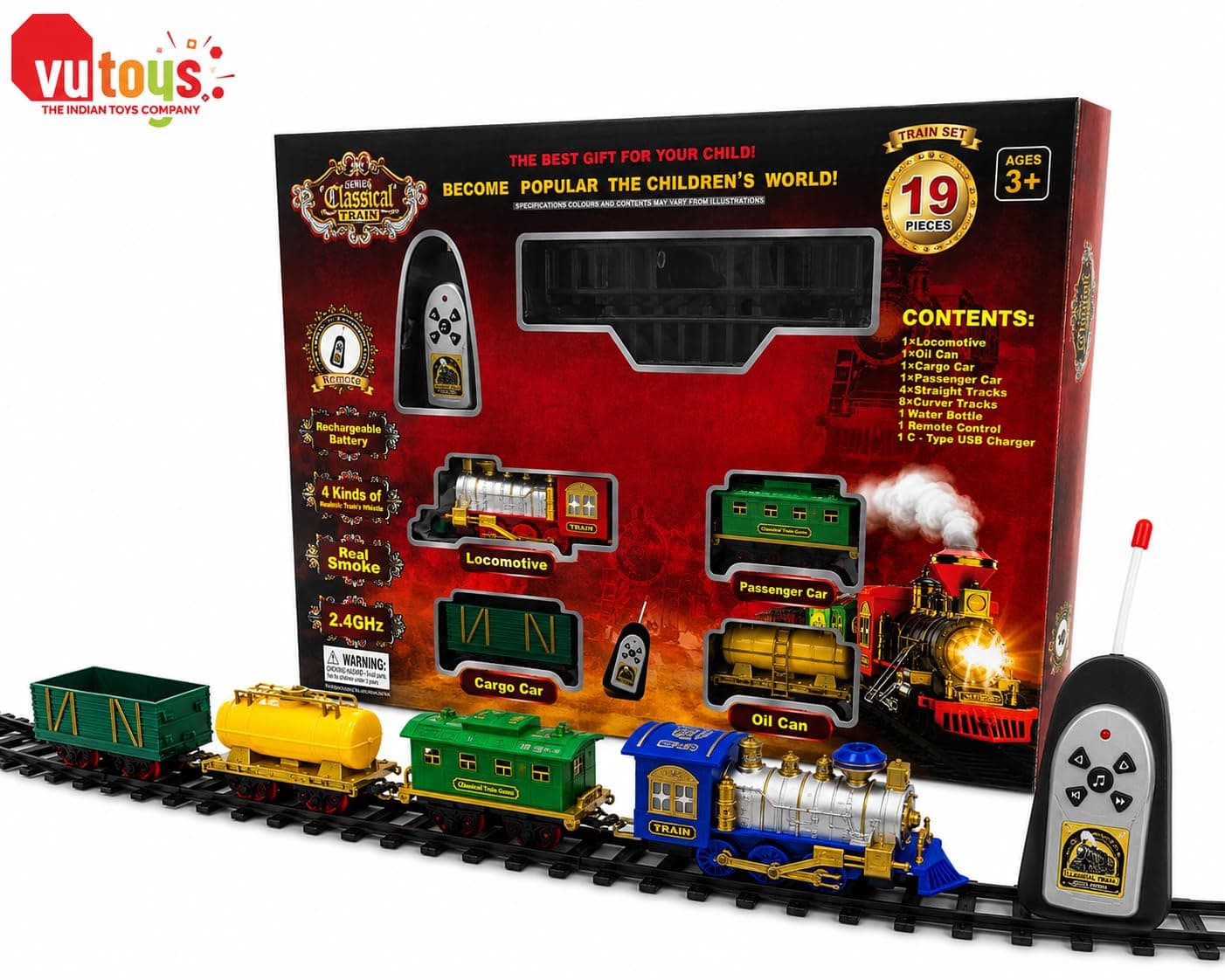 Remote Control Toy Train for Boys | Rechargeable 2.4GHz Railway Set with Smoke Effect, LED Lights, Music, Engine Coach, Cargo Tanker & Easy Build Track System — view 3
