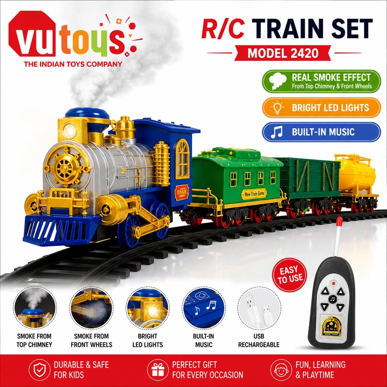 Remote Control Toy Train for Boys | Rechargeable 2.4GHz Railway Set with Smoke Effect, LED Lights, Music, Engine Coach, Cargo Tanker & Easy Build Track System — view 4