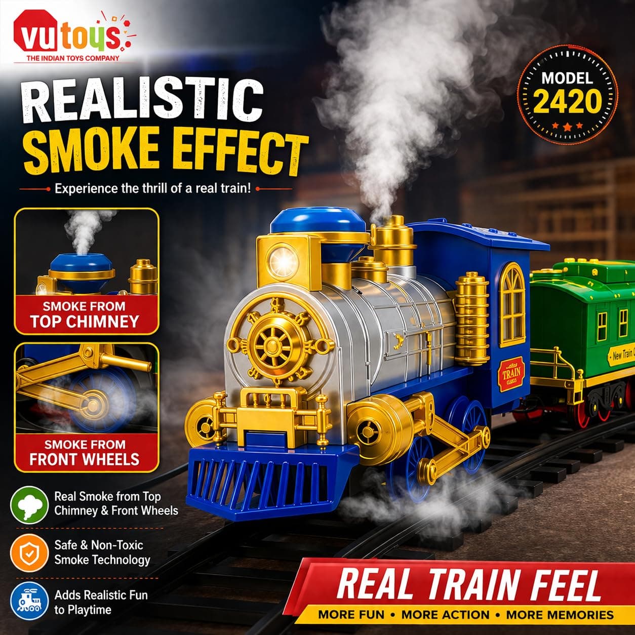 Remote Control Toy Train for Boys | Rechargeable 2.4GHz Railway Set with Smoke Effect, LED Lights, Music, Engine Coach, Cargo Tanker & Easy Build Track System — view 5