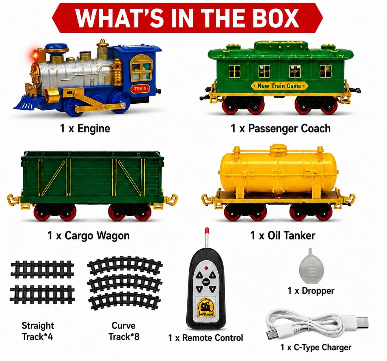 Remote Control Toy Train for Boys | Rechargeable 2.4GHz Railway Set with Smoke Effect, LED Lights, Music, Engine Coach, Cargo Tanker & Easy Build Track System — view 7