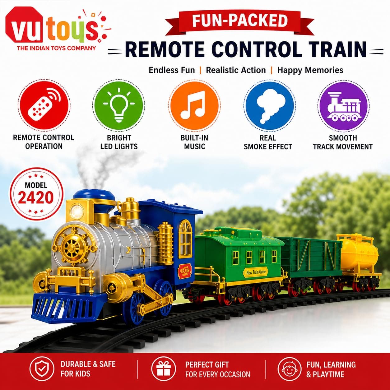 Remote Control Toy Train for Boys | Rechargeable 2.4GHz Railway Set with Smoke Effect, LED Lights, Music, Engine Coach, Cargo Tanker & Easy Build Track System — view 8
