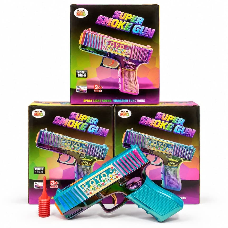 QYD Super Smoke Gun (Model 169-9) – Battery Operated Electric UV Coloured Mist Spray Toy Pistol with Flashing Lights, Combat Sounds, and Recoil Vibration