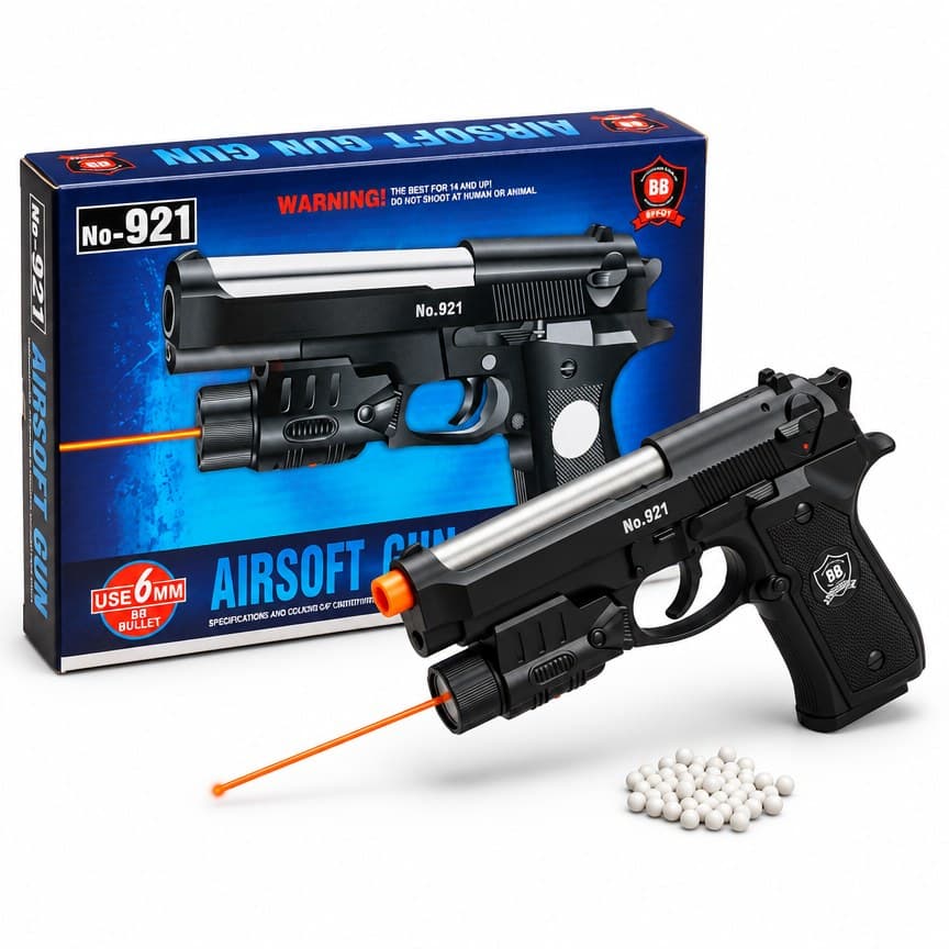 Airsoft Gun No.921 – Spring-Powered 6mm BB Pellet Toy Pistol with Under-Barrel Laser Sight Attachment, Silver Slide, Textured Combat Grip, and Starter BB Ammunition Pack