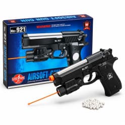 Airsoft Gun No.921 – Spring-Powered 6mm BB Pellet Toy Pistol with Under-Barrel Laser Sight Attachment, Silver Slide, Textured Combat Grip, and Starter BB Ammunition Pack