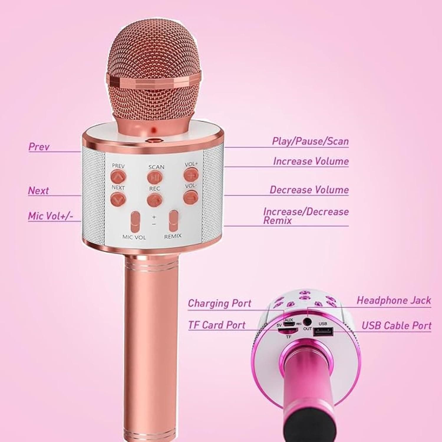 Kids Karaoke Microphone with Speaker | Wireless Bluetooth Singing Mic Toy | Rechargeable Handheld Karaoke Mic | Portable Music & Party Fun for Boys & Girls (3–12 Years) - Rose Gold — view 2
