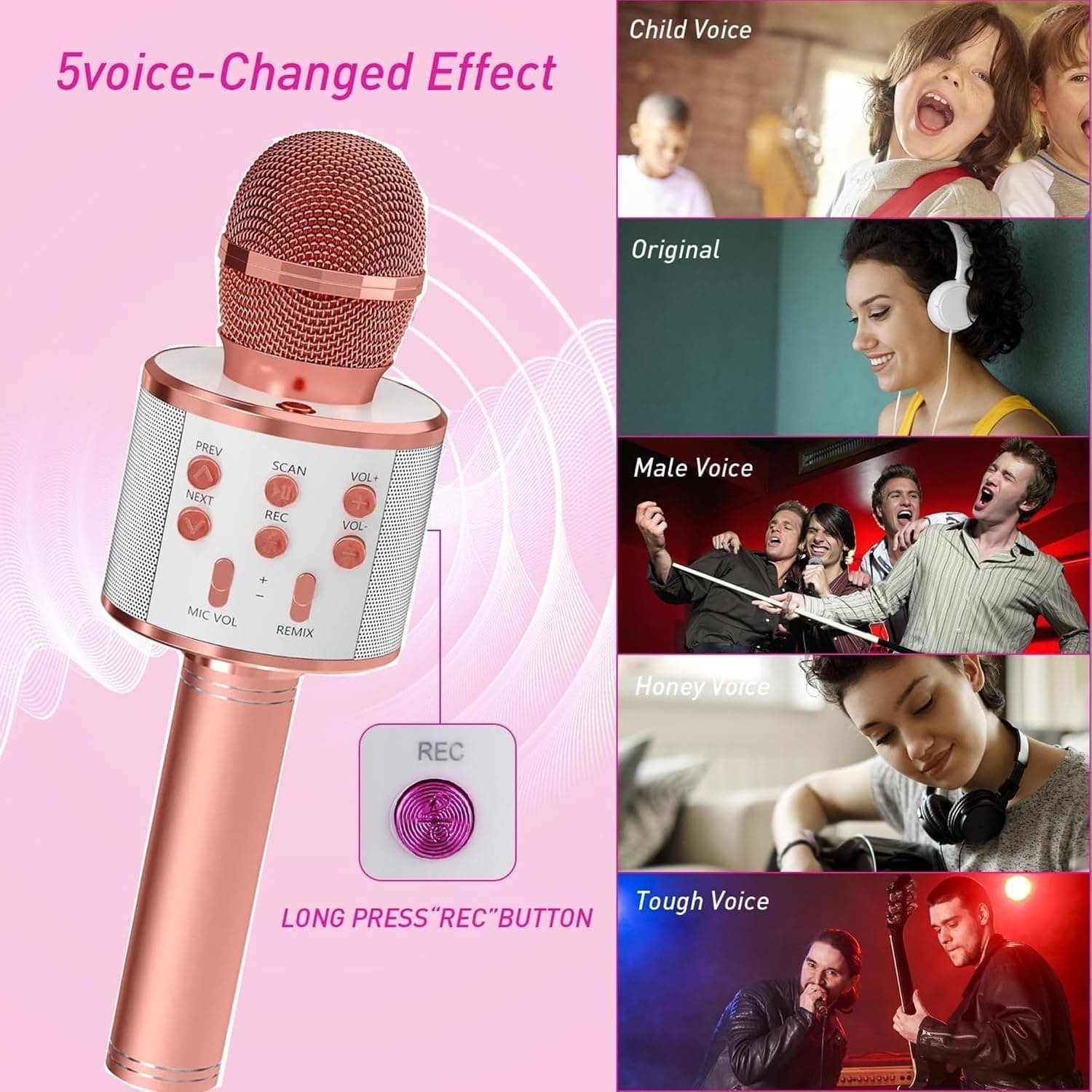 Kids Karaoke Microphone with Speaker | Wireless Bluetooth Singing Mic Toy | Rechargeable Handheld Karaoke Mic | Portable Music & Party Fun for Boys & Girls (3–12 Years) - Rose Gold — view 3