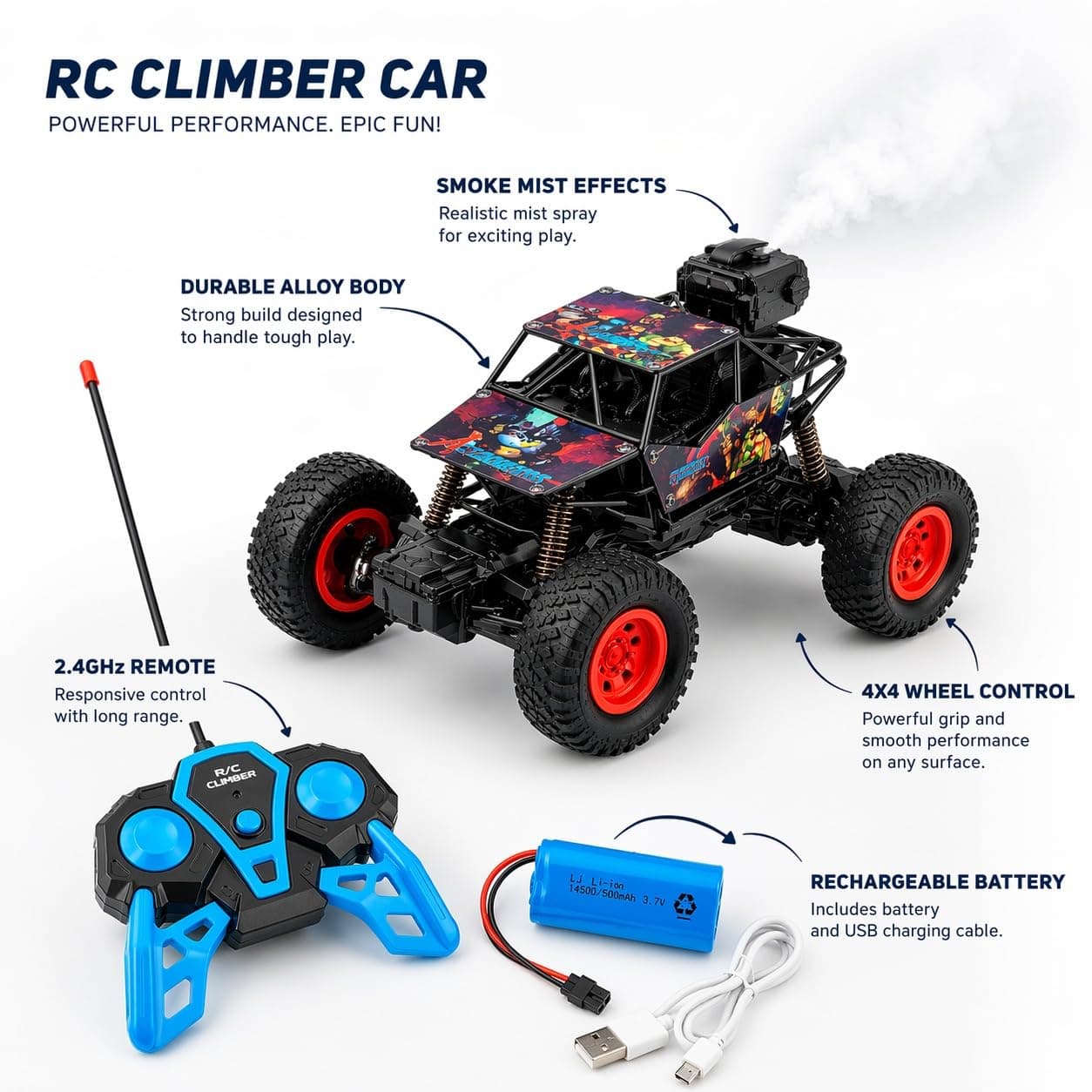 RC Car for Kids | Rock Crawler Monster Truck Drift Remote Control Car | 100+ft Range 2.4GHz | Rechargeable Battery, Type-C USB | 2WD Off-Road Climbing Racing Toy — view 3