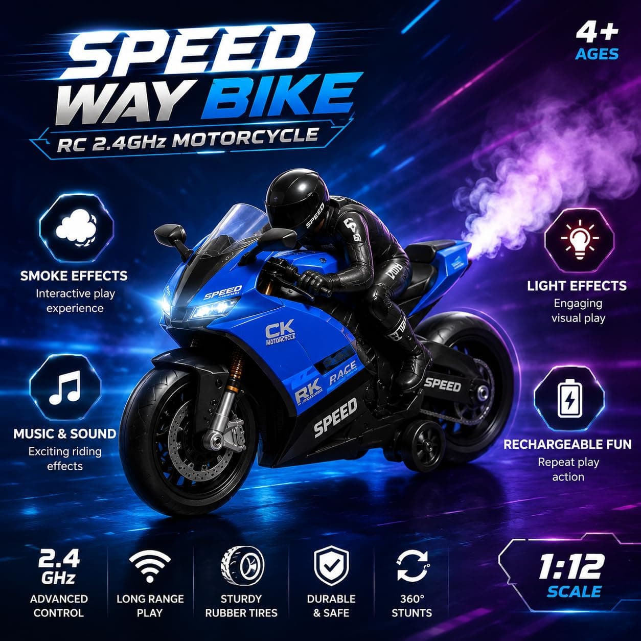 Kidoyz Rechargeable RC Motorcycle Toy for Kids | 2.4GHz Remote Control Racing Bike with LED Lights, Music & Sound | Rechargeable Battery Operated Motorbike - Random Color — view 3