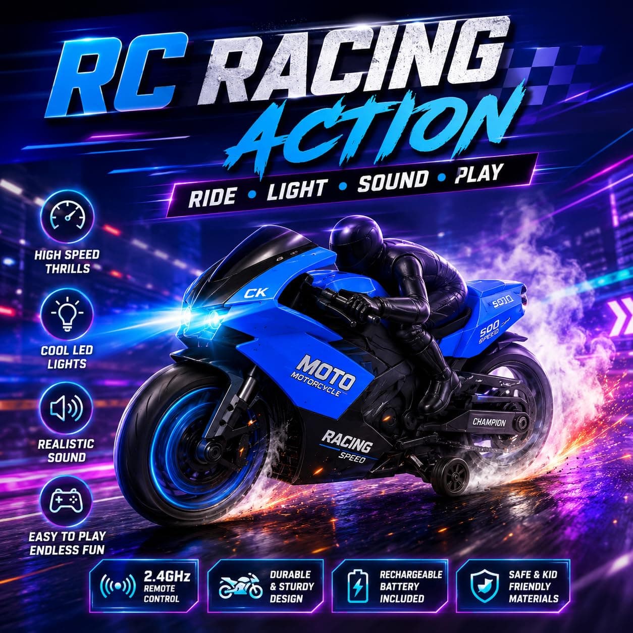 Kidoyz Rechargeable RC Motorcycle Toy for Kids | 2.4GHz Remote Control Racing Bike with LED Lights, Music & Sound | Rechargeable Battery Operated Motorbike - Random Color — view 4