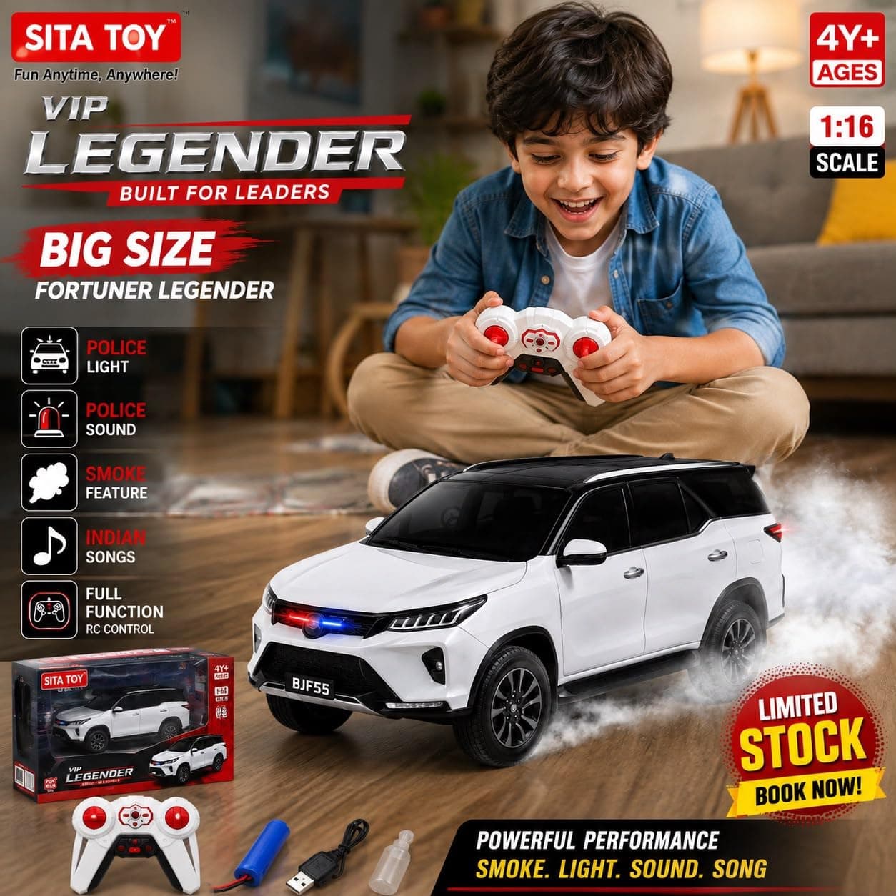 Rechargeable Remote Control SUV Car for Kids with LED Lights, Music, Sound & Smoke Effect, Full Function RC Vehicle Toy for Boys & Girls Age 4+ — view 4