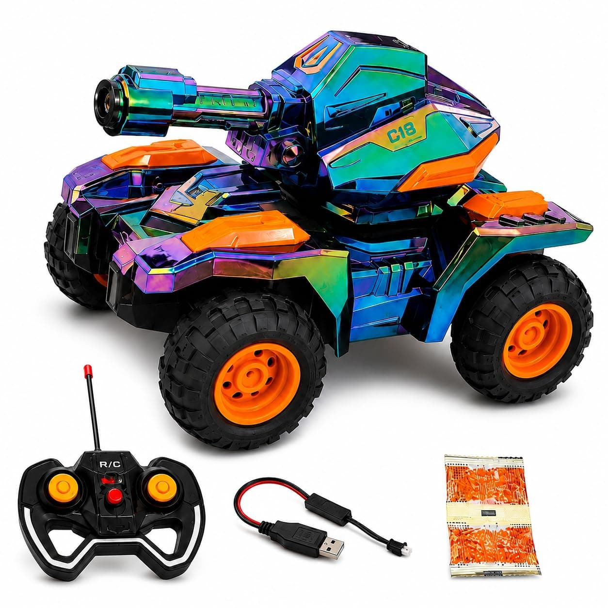 MECHA TANK RC Tank Toy for Kids with Shooting Balls, Remote Control Car Rechargeable Battery, High Speed 4WD Vehicle Forward Backward Left Right