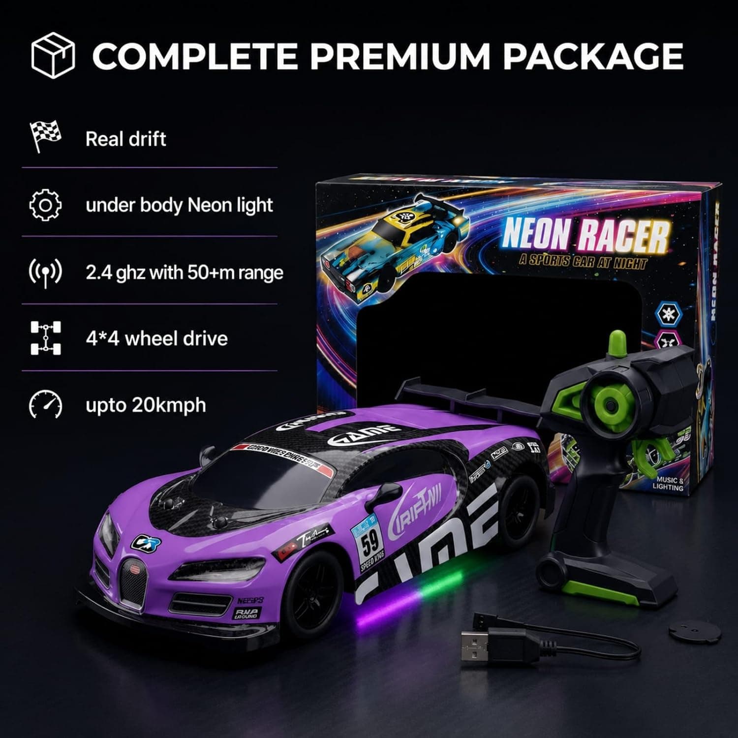 NEON RACER CAR - RC Drift Car Toy with LED Lights | 1:14 RC Racing Car | Random Color Dispatched — view 4