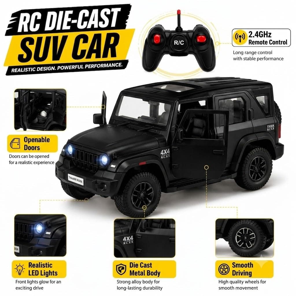 THOR ROXX 1:22 Scale Remote Control Die Cast SUV Car for Kids, Metal RC Off Road 4x4 Toy Vehicle with Light, Openable Doors & 2.4GHz Remote Control Car - Color As Per Stock — view 3