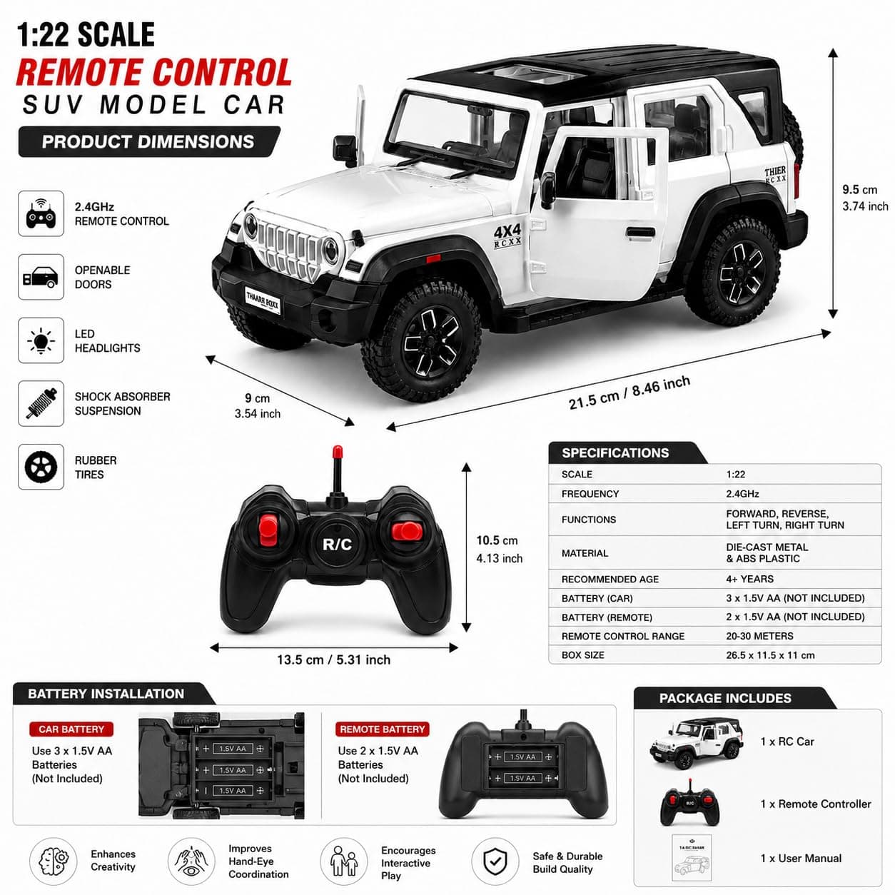 THOR ROXX 1:22 Scale Remote Control Die Cast SUV Car for Kids, Metal RC Off Road 4x4 Toy Vehicle with Light, Openable Doors & 2.4GHz Remote Control Car - Color As Per Stock — view 4