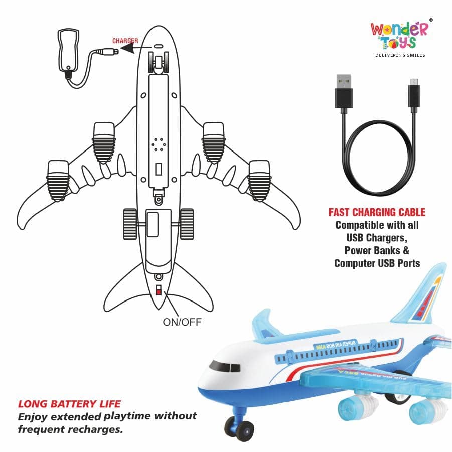 Air Bus Remote Control Airplane Toy Exciting Full-Body Lights & Realistic Sounds For Kids Aged 2-8 Years, Blue — view 3