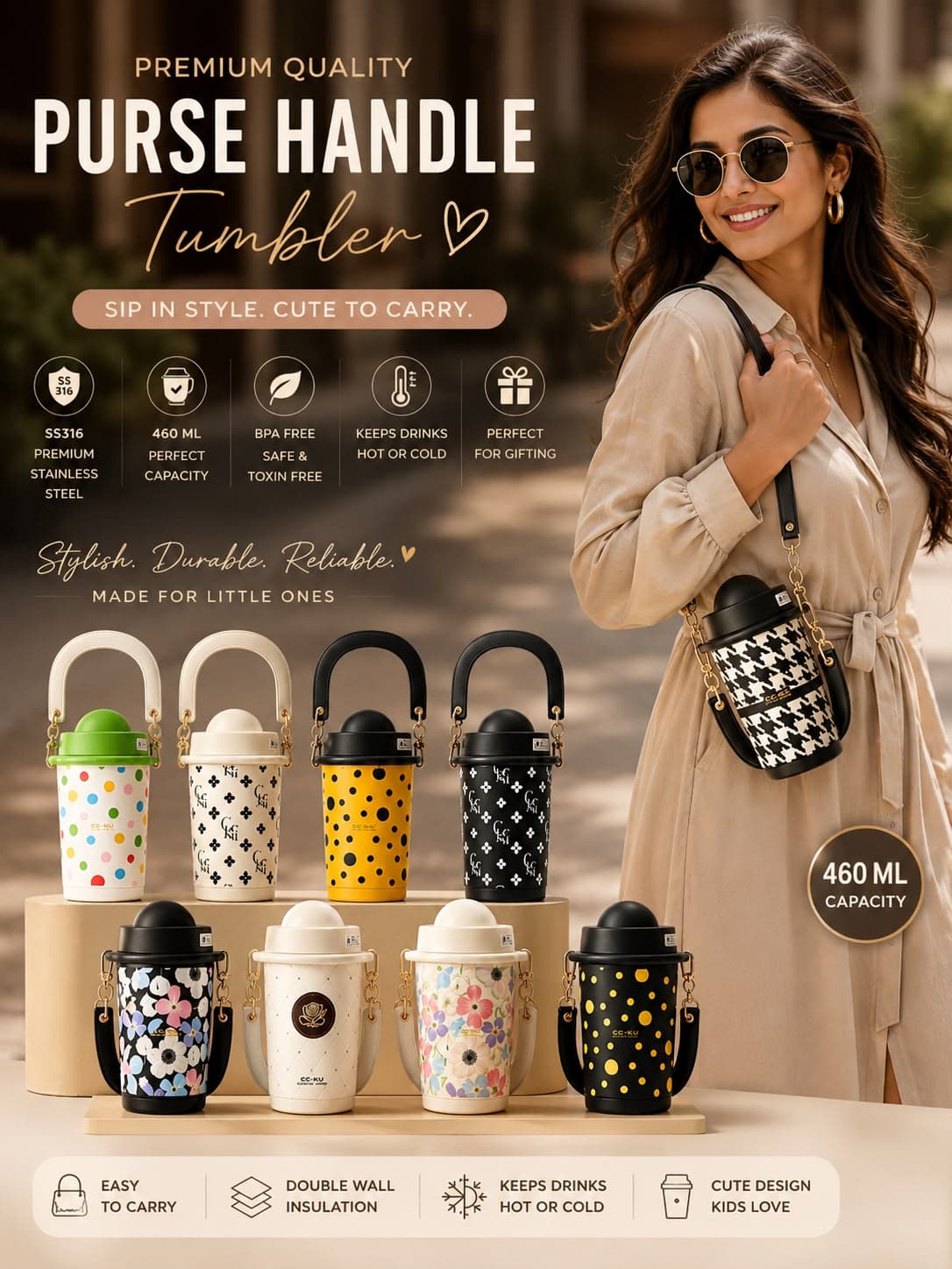 Purse Handle Insulated Tumbler for Kids | 460 ml | Color as per Stock dispatched | Pack of 1 Pc