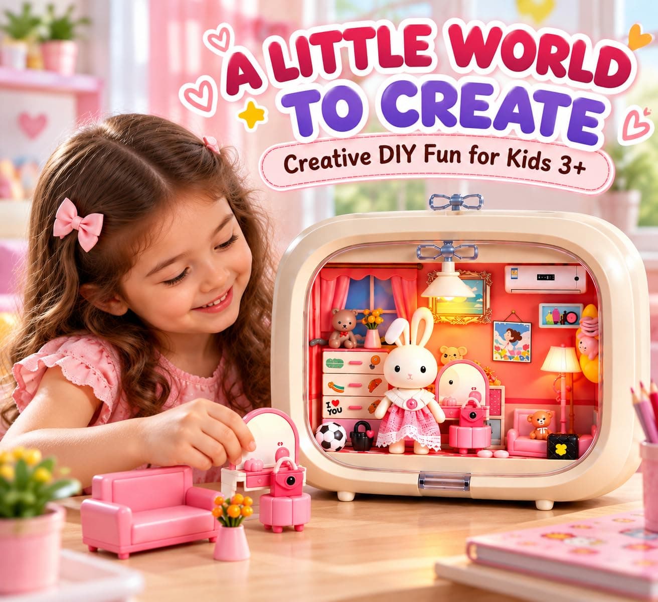 DIY Miniature Bedroom Dollhouse Kit with Night Light for Kids 3+ — view 5