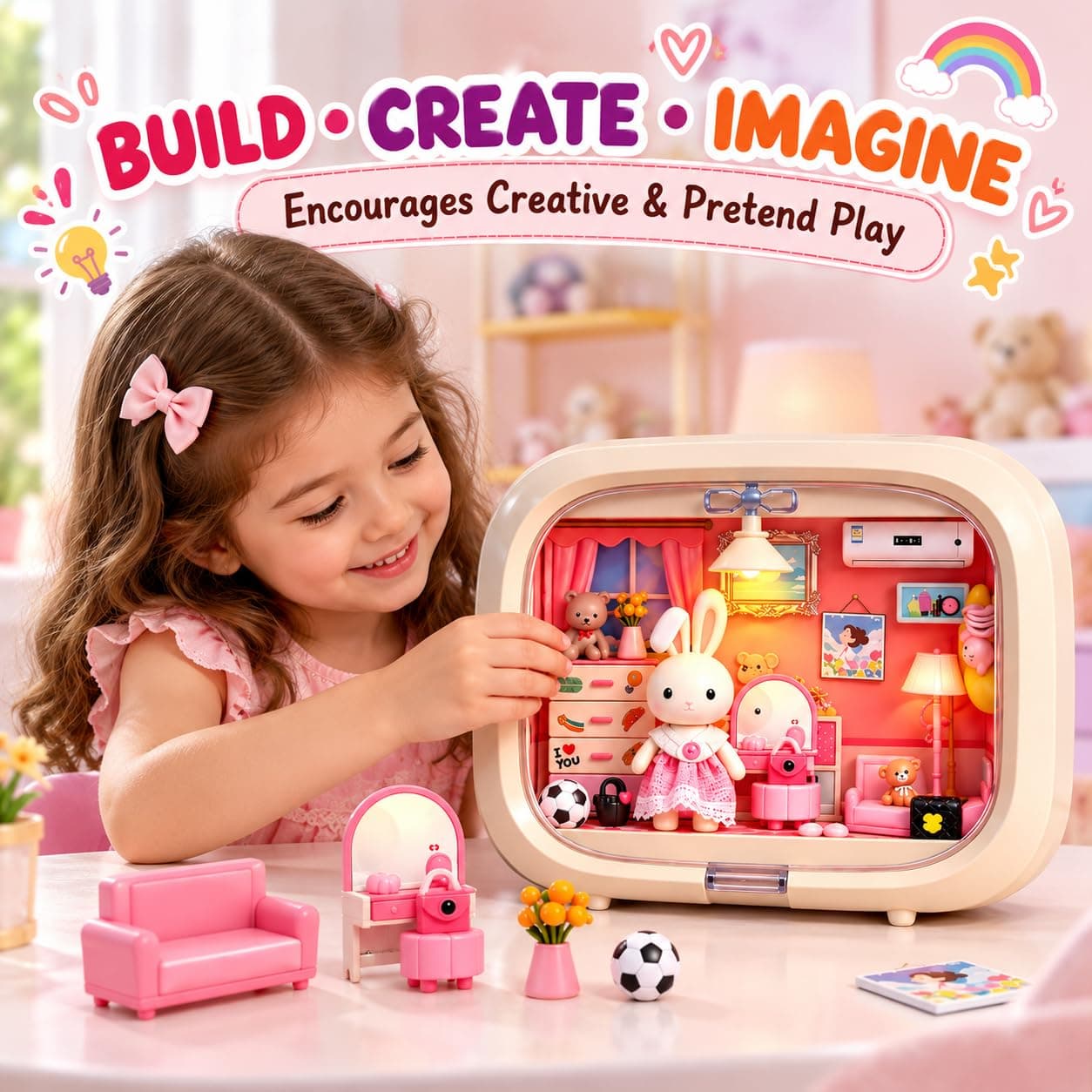 DIY Miniature Bedroom Dollhouse Kit with Night Light for Kids 3+ — view 9