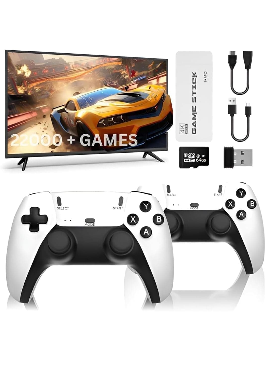 M-22 4K TV Video Game Stick, Plug & Play Retro Gaming Console with 2 Wireless Controllers, 22000+ Games, 64GB, for Men, Women and Kids