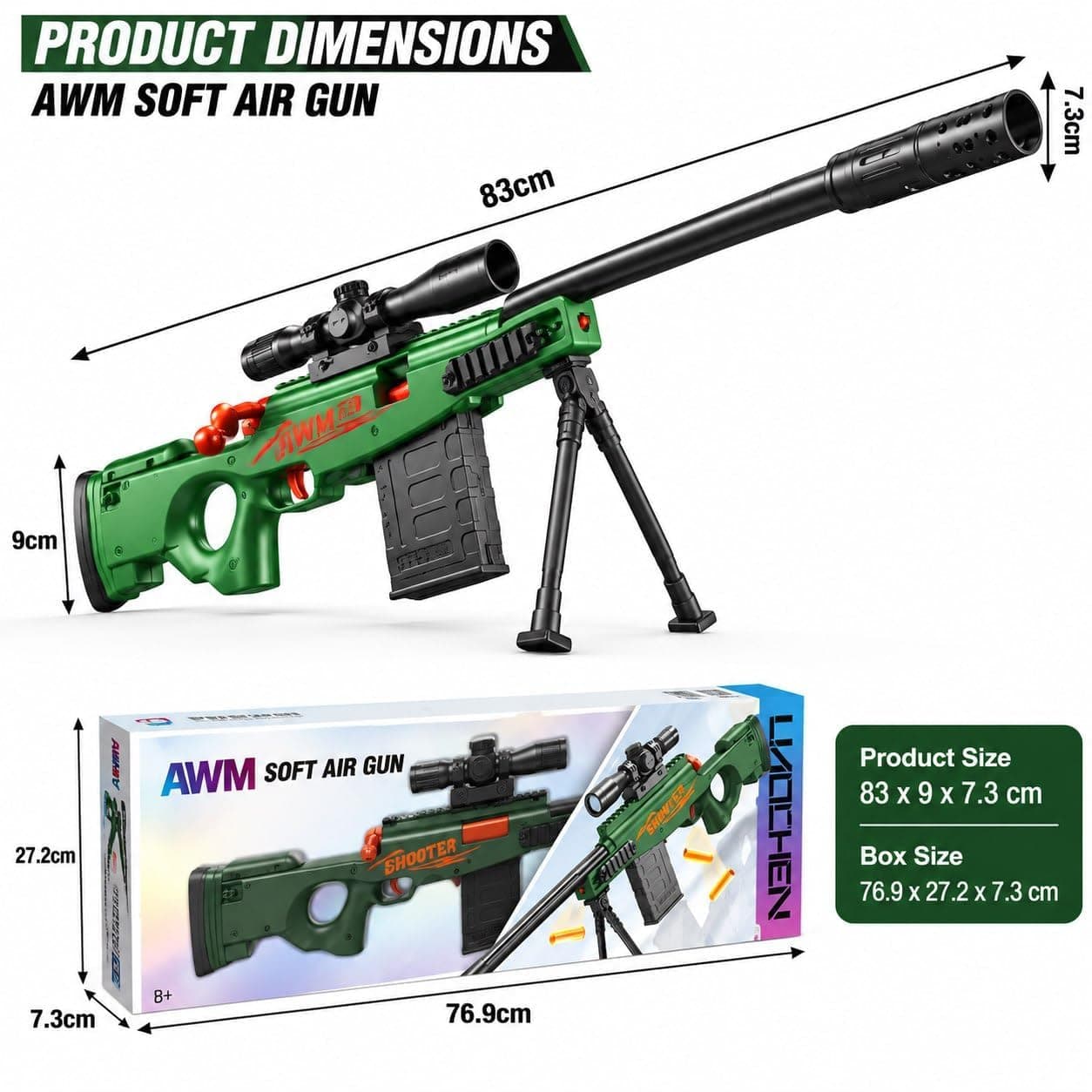 Kids Sniper Toy Rifle with Scope, Bipod & Soft Foam Darts (AWM) — view 3