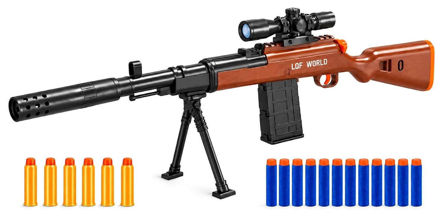 Toy Sniper Rifle with Scope, Bipod & Detachable Magazine, 6 Bullets and 12 Foam Darts, Pretend Play Shooting Game Toy for Kids