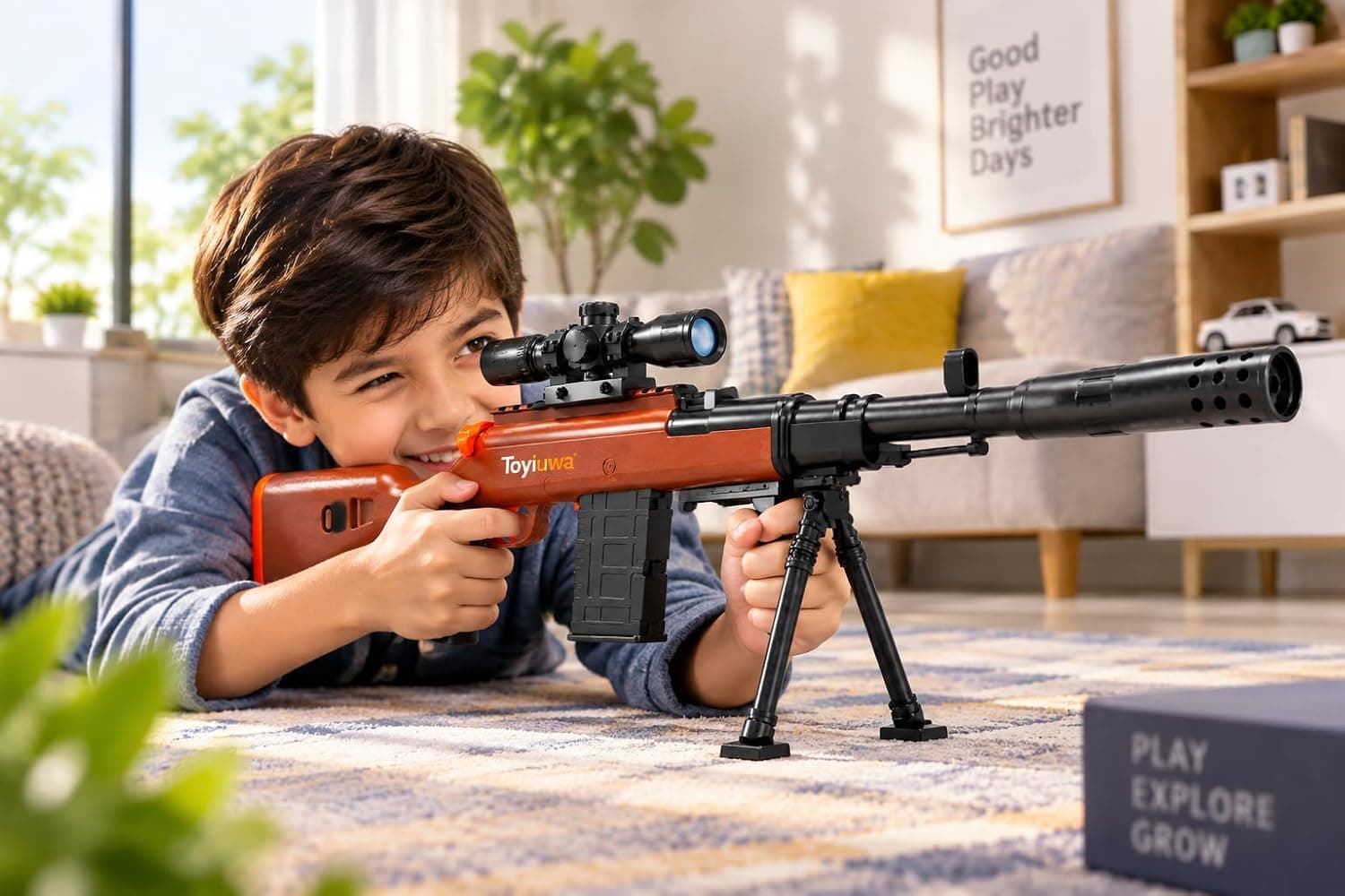 Toy Sniper Rifle with Scope, Bipod & Detachable Magazine, 6 Bullets and 12 Foam Darts, Pretend Play Shooting Game Toy for Kids — view 2