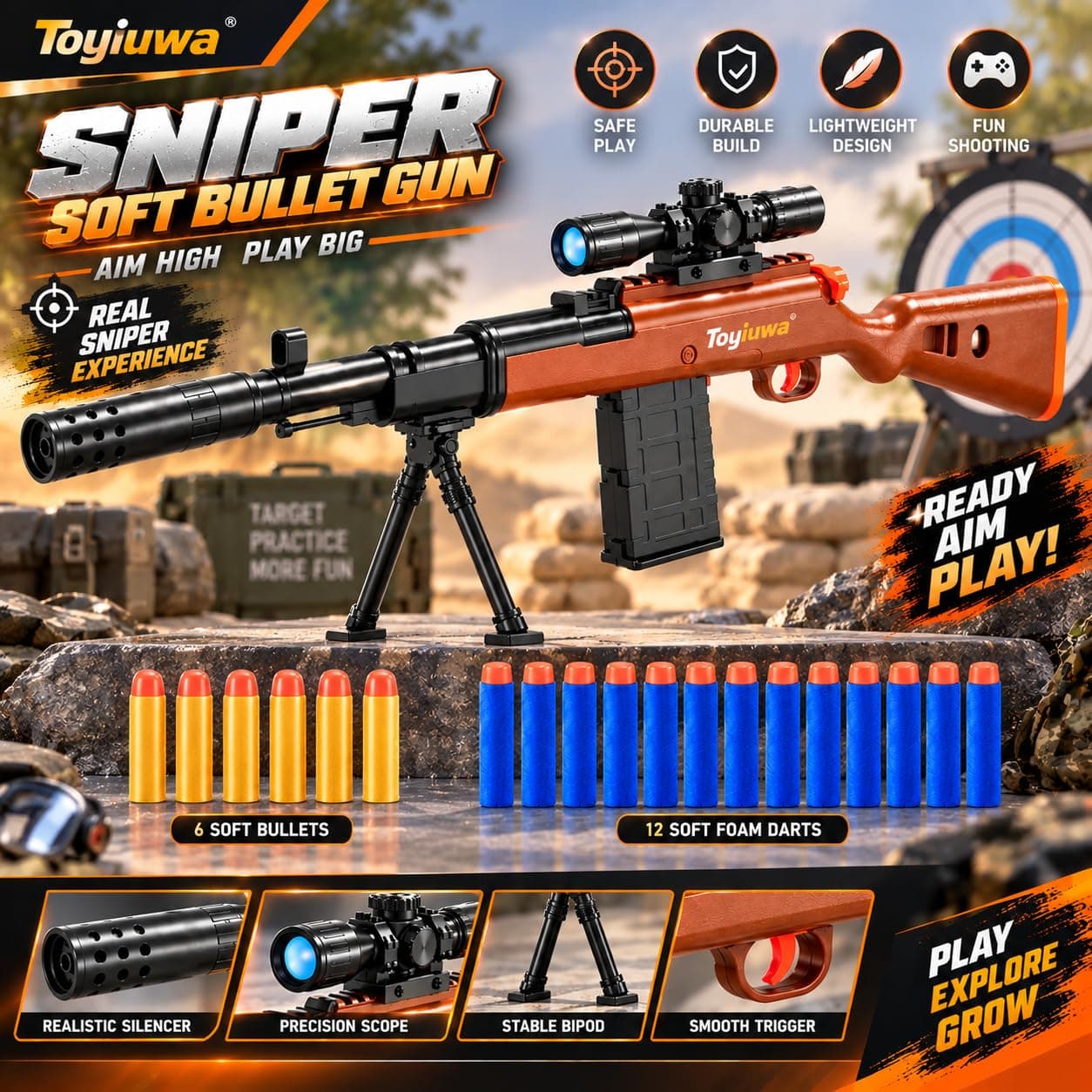 Toy Sniper Rifle with Scope, Bipod & Detachable Magazine, 6 Bullets and 12 Foam Darts, Pretend Play Shooting Game Toy for Kids — view 4