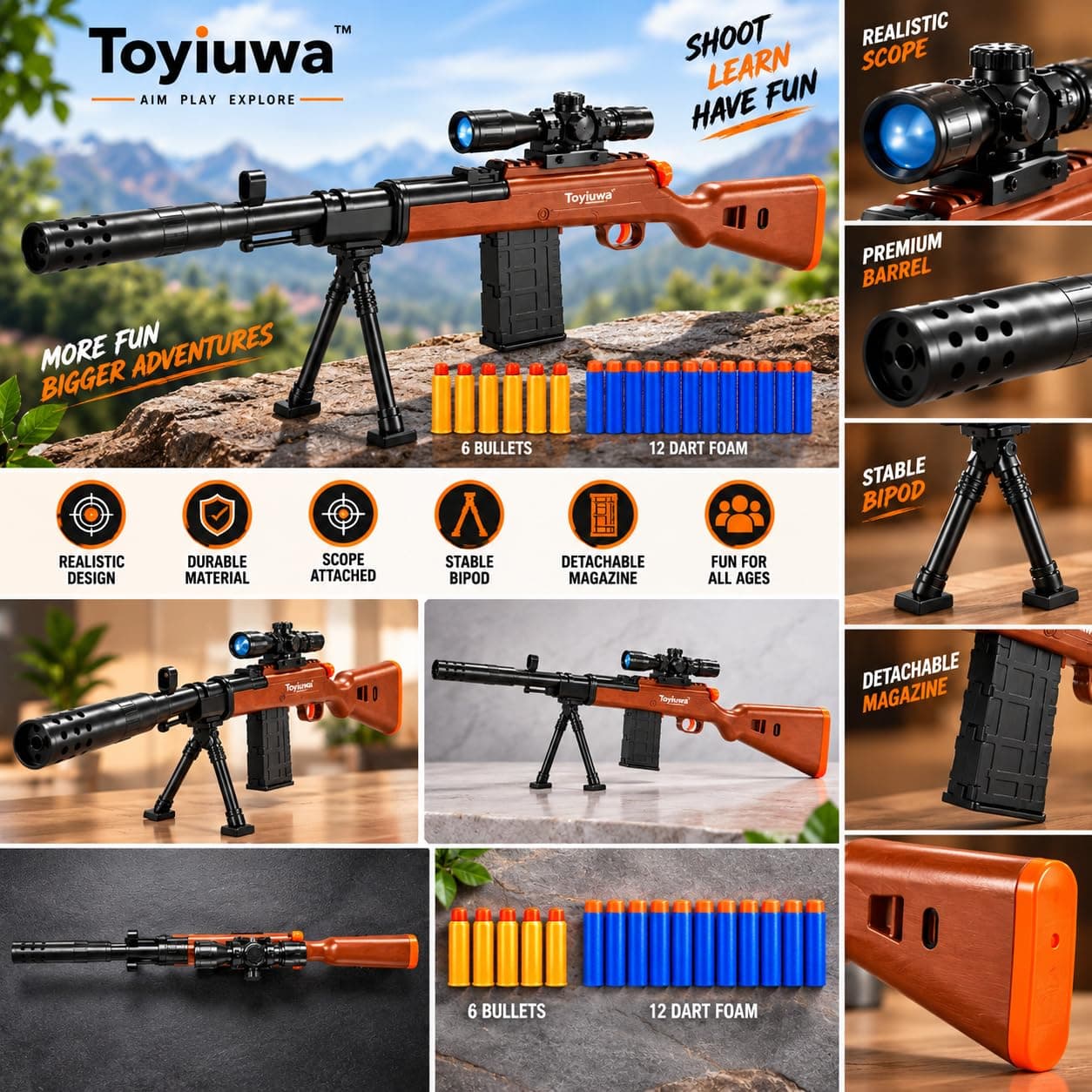 Toy Sniper Rifle with Scope, Bipod & Detachable Magazine, 6 Bullets and 12 Foam Darts, Pretend Play Shooting Game Toy for Kids — view 5