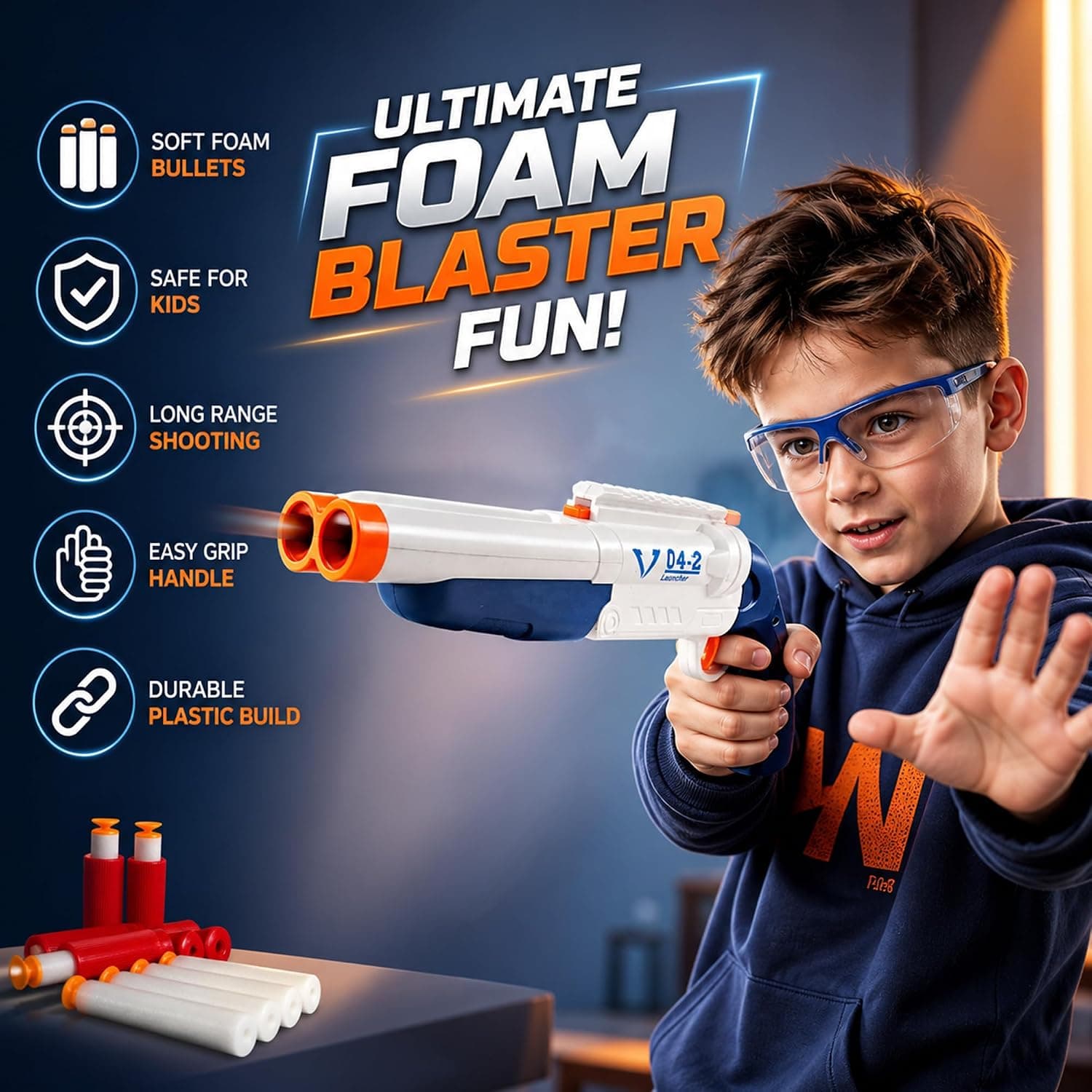 Double Barrel Soft Bullet Shotgun Toy for Kids, Long Range Foam Dart Blaster with 10 Soft Bullets & 6 Ejection Shells (4+ Years) — view 2