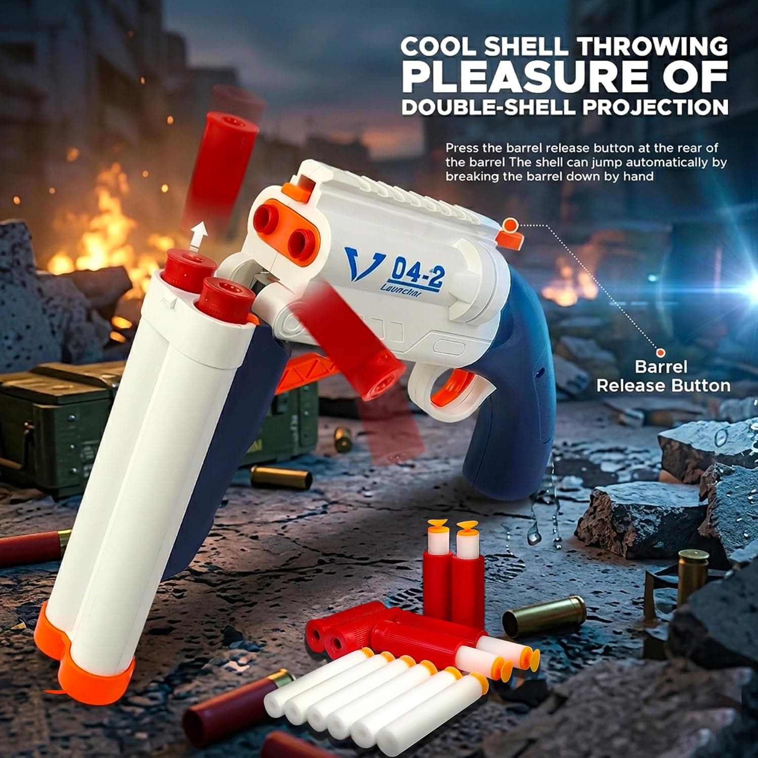 Double Barrel Soft Bullet Shotgun Toy for Kids, Long Range Foam Dart Blaster with 10 Soft Bullets & 6 Ejection Shells (4+ Years) — view 4