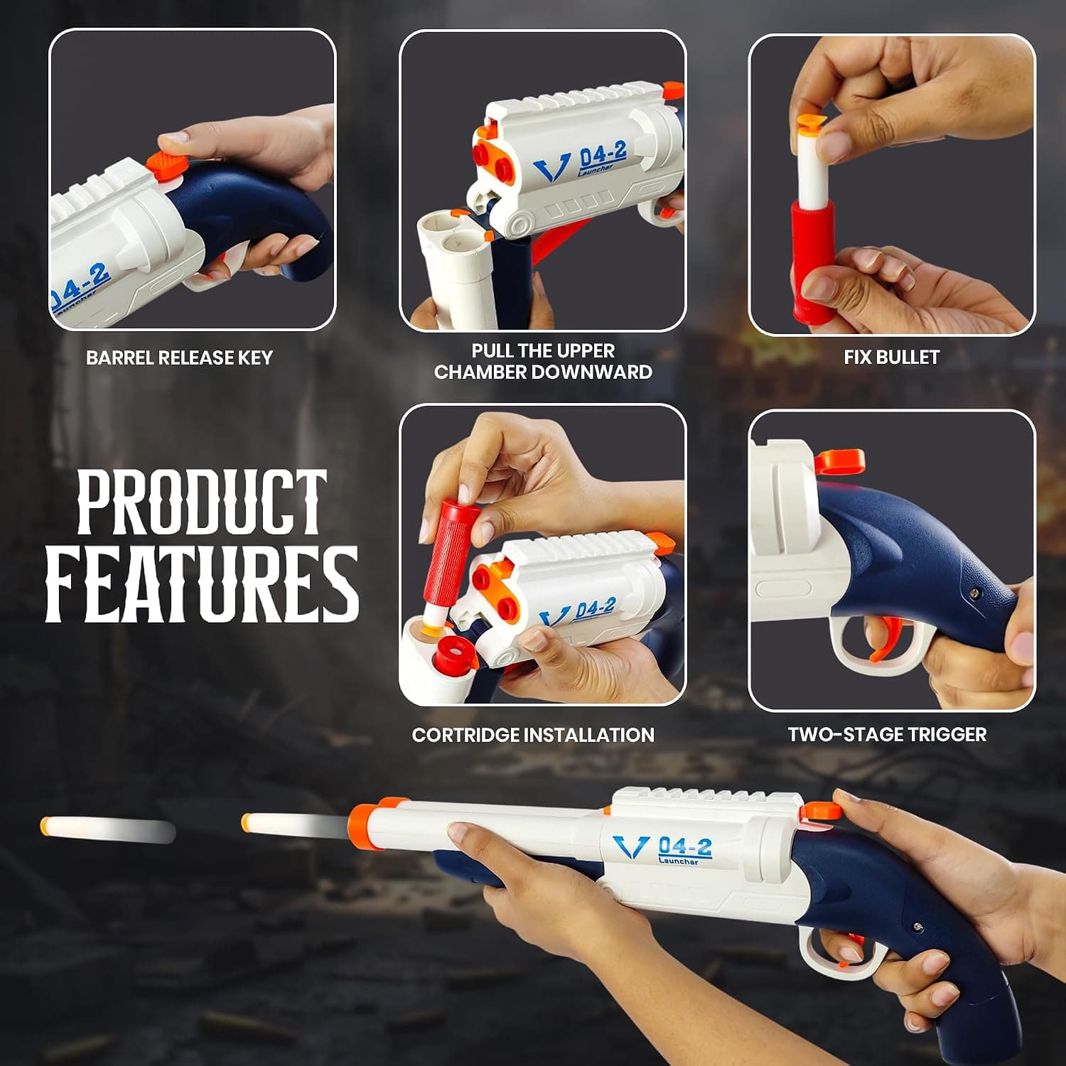 Double Barrel Soft Bullet Shotgun Toy for Kids, Long Range Foam Dart Blaster with 10 Soft Bullets & 6 Ejection Shells (4+ Years) — view 5