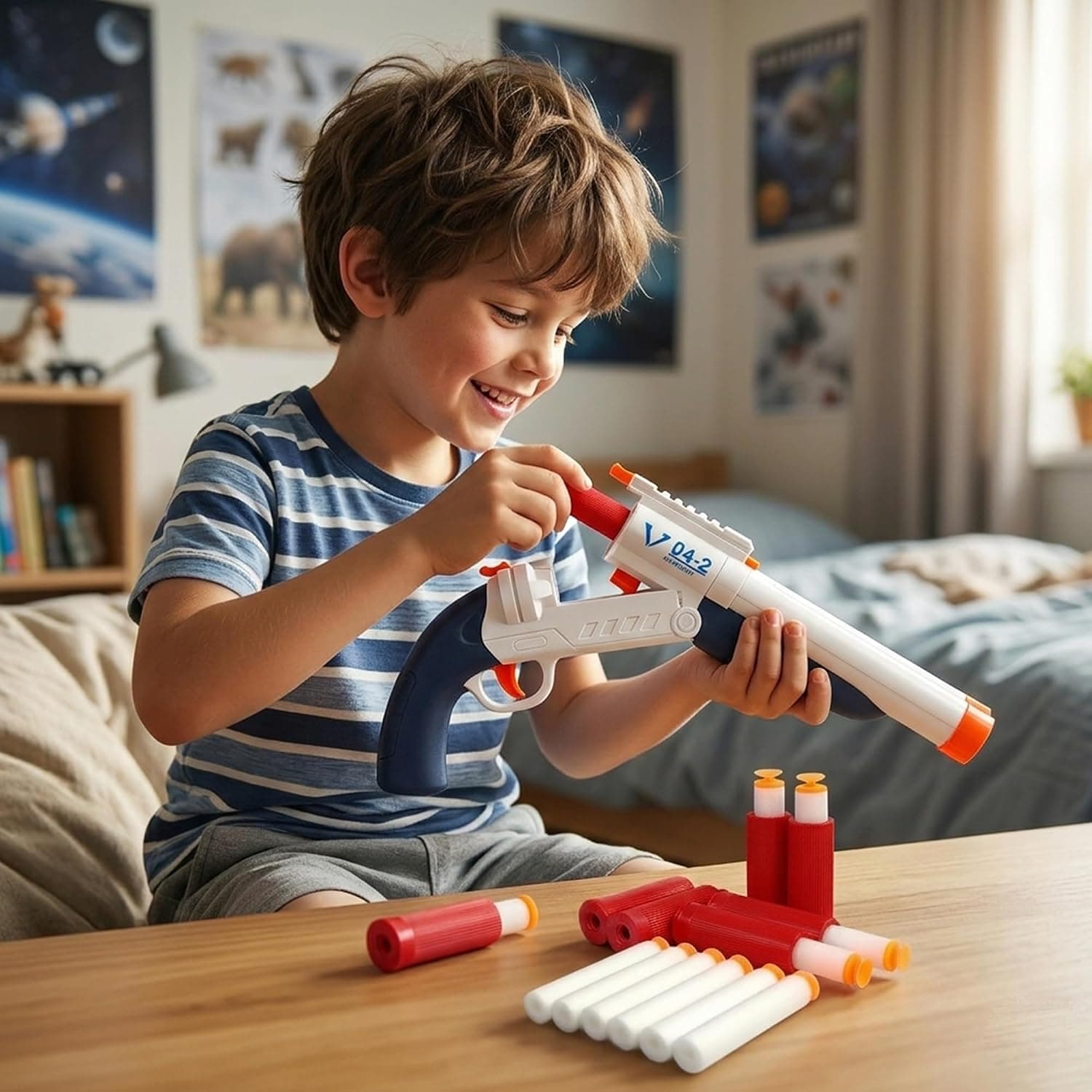 Double Barrel Soft Bullet Shotgun Toy for Kids, Long Range Foam Dart Blaster with 10 Soft Bullets & 6 Ejection Shells (4+ Years) — view 8