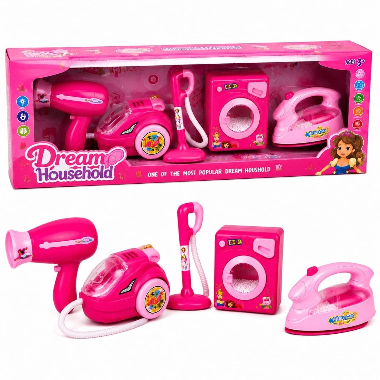 Kids Household Cleaning Toy Set with Hair Dryer, Vacuum Cleaner, Washing Machine & Iron | Pretend Play Home Appliance Set | Role Play Educational Toy for Girls & Boys Age 3+ Years | Pink