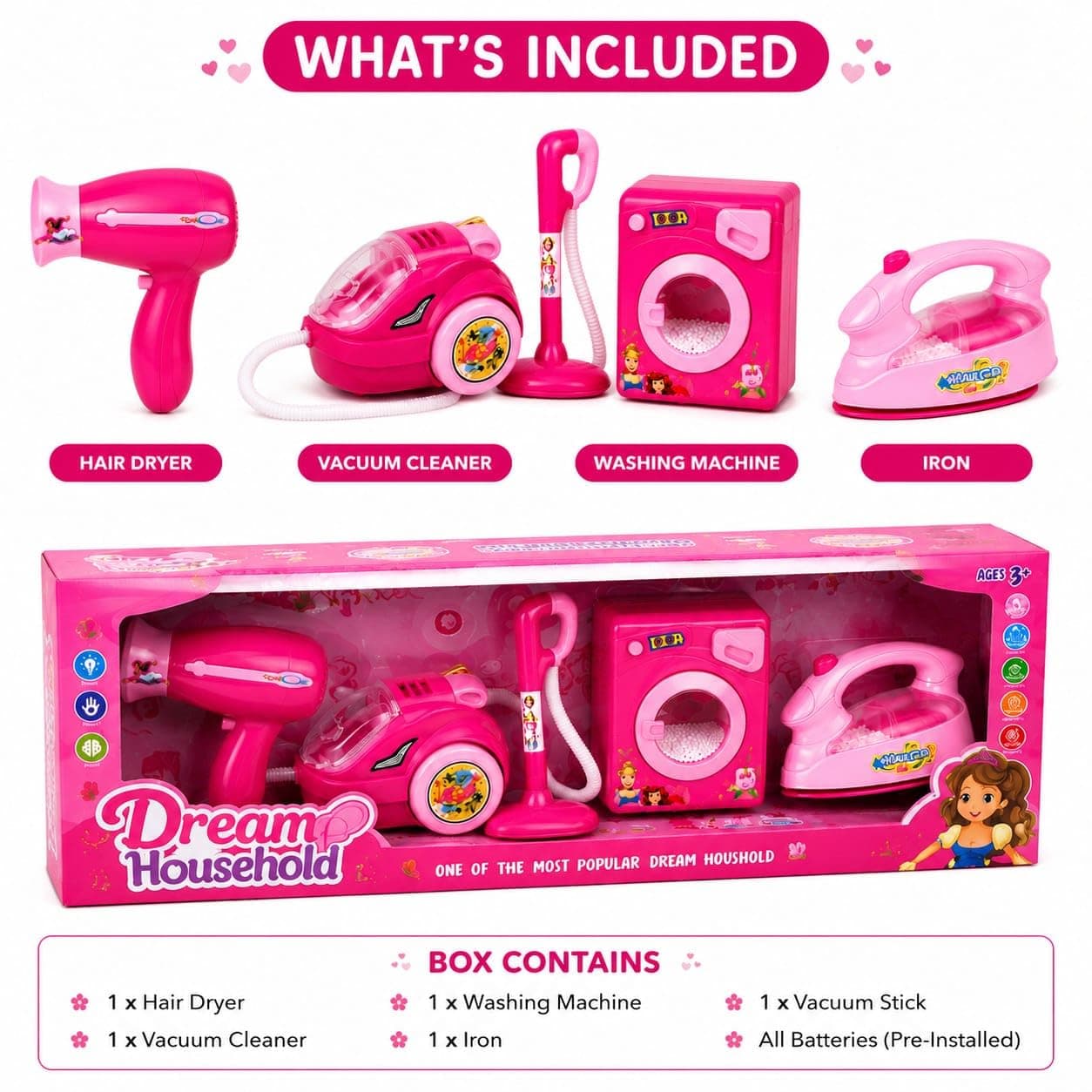 Kids Household Cleaning Toy Set with Hair Dryer, Vacuum Cleaner, Washing Machine & Iron | Pretend Play Home Appliance Set | Role Play Educational Toy for Girls & Boys Age 3+ Years | Pink — view 2