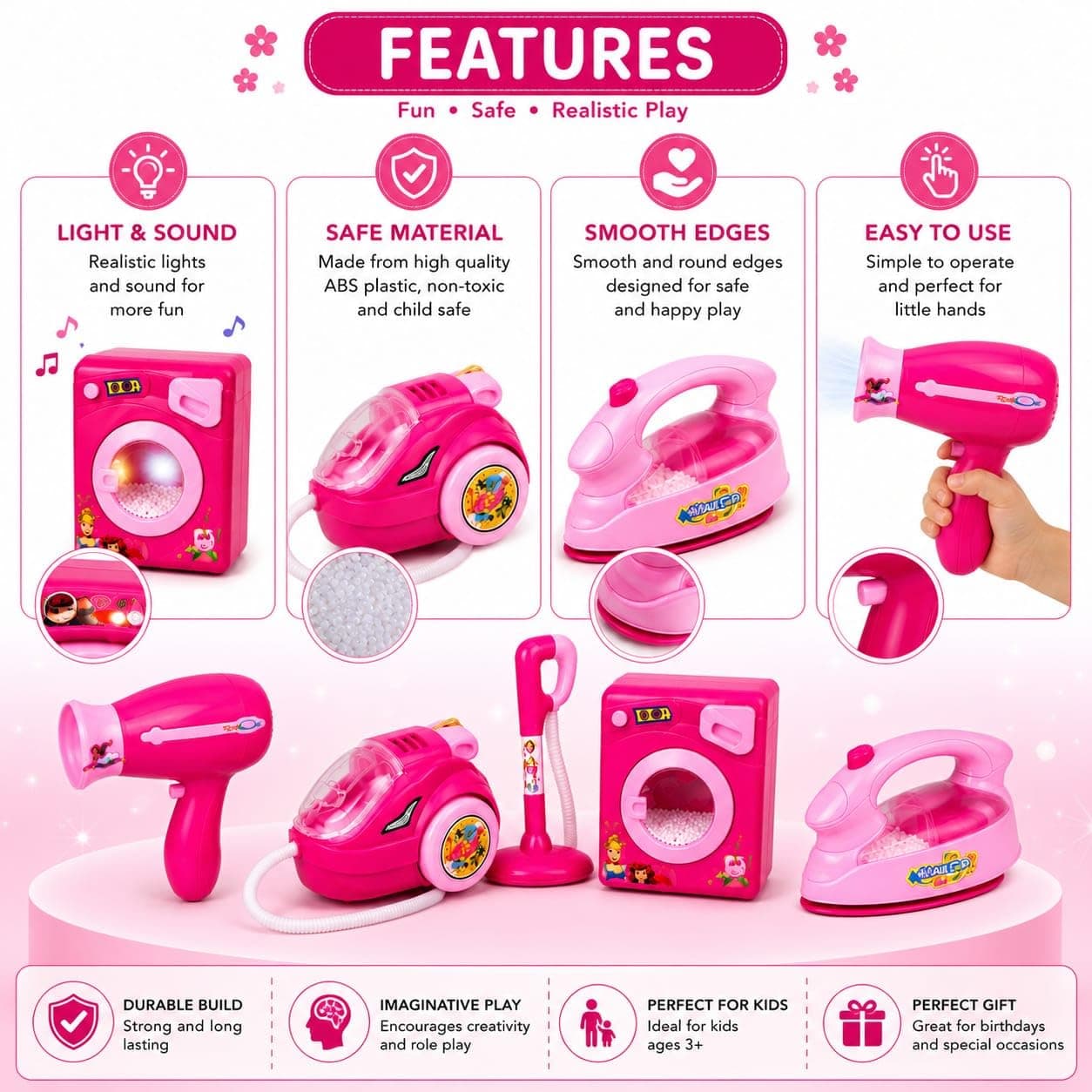 Kids Household Cleaning Toy Set with Hair Dryer, Vacuum Cleaner, Washing Machine & Iron | Pretend Play Home Appliance Set | Role Play Educational Toy for Girls & Boys Age 3+ Years | Pink — view 3