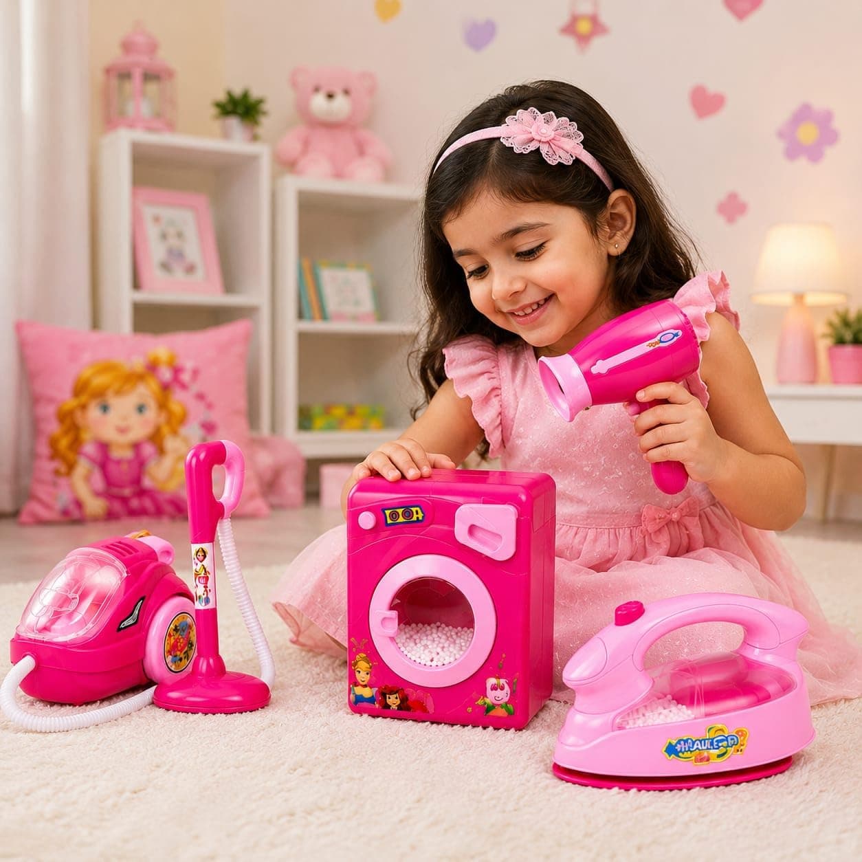 Kids Household Cleaning Toy Set with Hair Dryer, Vacuum Cleaner, Washing Machine & Iron | Pretend Play Home Appliance Set | Role Play Educational Toy for Girls & Boys Age 3+ Years | Pink — view 4