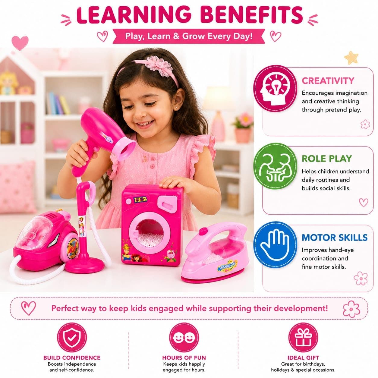 Kids Household Cleaning Toy Set with Hair Dryer, Vacuum Cleaner, Washing Machine & Iron | Pretend Play Home Appliance Set | Role Play Educational Toy for Girls & Boys Age 3+ Years | Pink — view 5