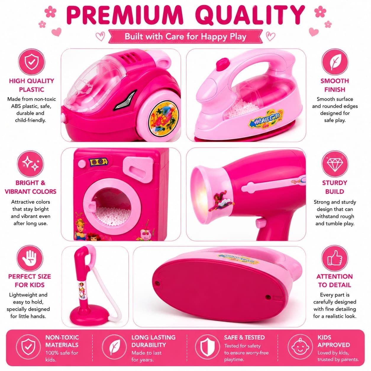Kids Household Cleaning Toy Set with Hair Dryer, Vacuum Cleaner, Washing Machine & Iron | Pretend Play Home Appliance Set | Role Play Educational Toy for Girls & Boys Age 3+ Years | Pink — view 6