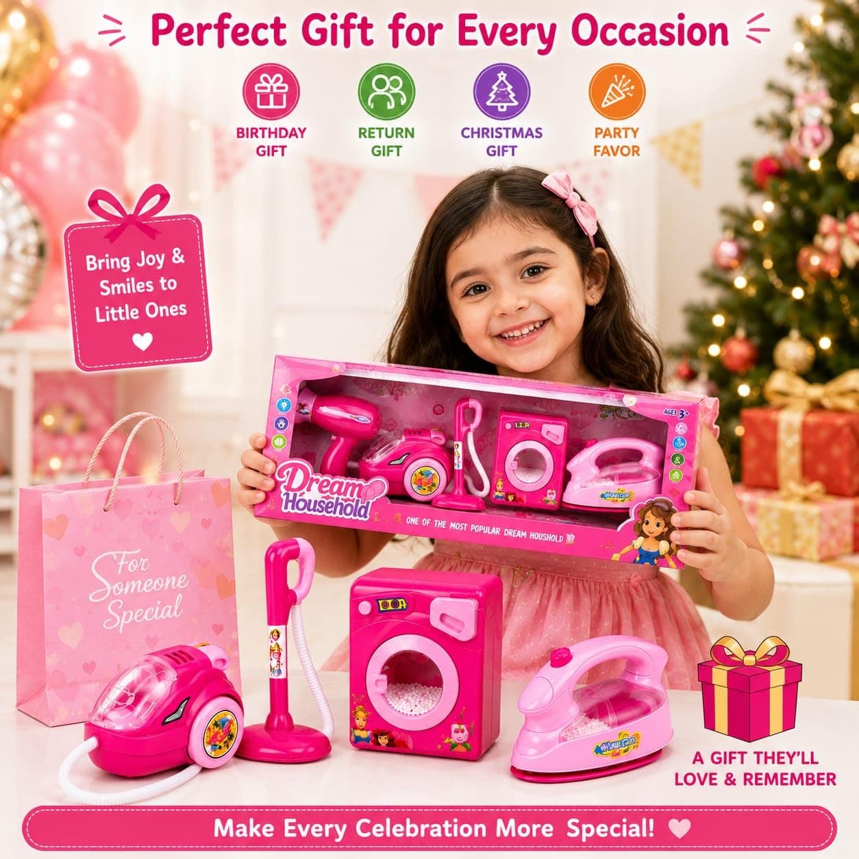 Kids Household Cleaning Toy Set with Hair Dryer, Vacuum Cleaner, Washing Machine & Iron | Pretend Play Home Appliance Set | Role Play Educational Toy for Girls & Boys Age 3+ Years | Pink — view 7
