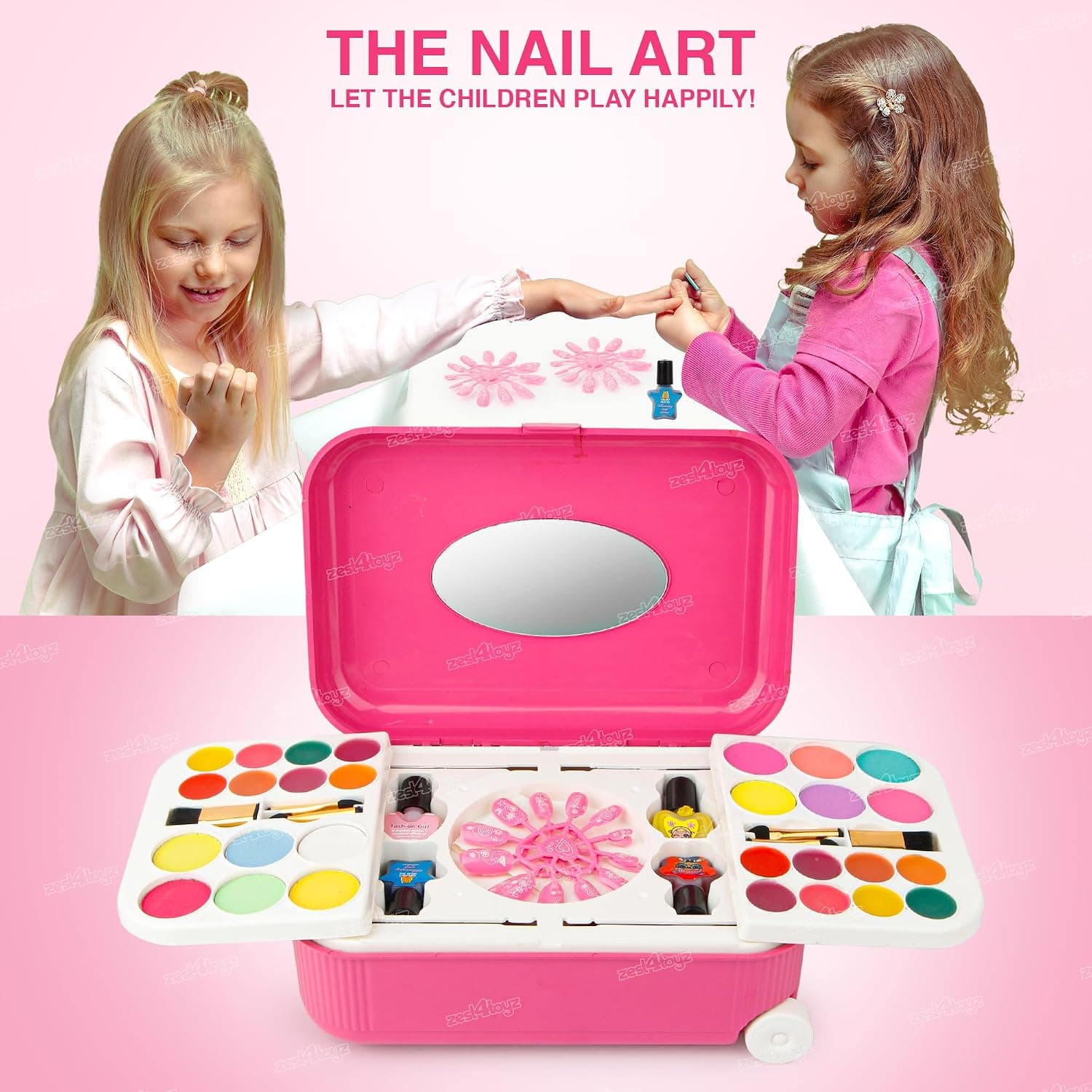 2 in 1 Cosmetic Makeup Palette and Nail Art Kit for Kids with Portable Trolly Bag | Pretend Play Toy for Girls -Plastic , Multicolor — view 2
